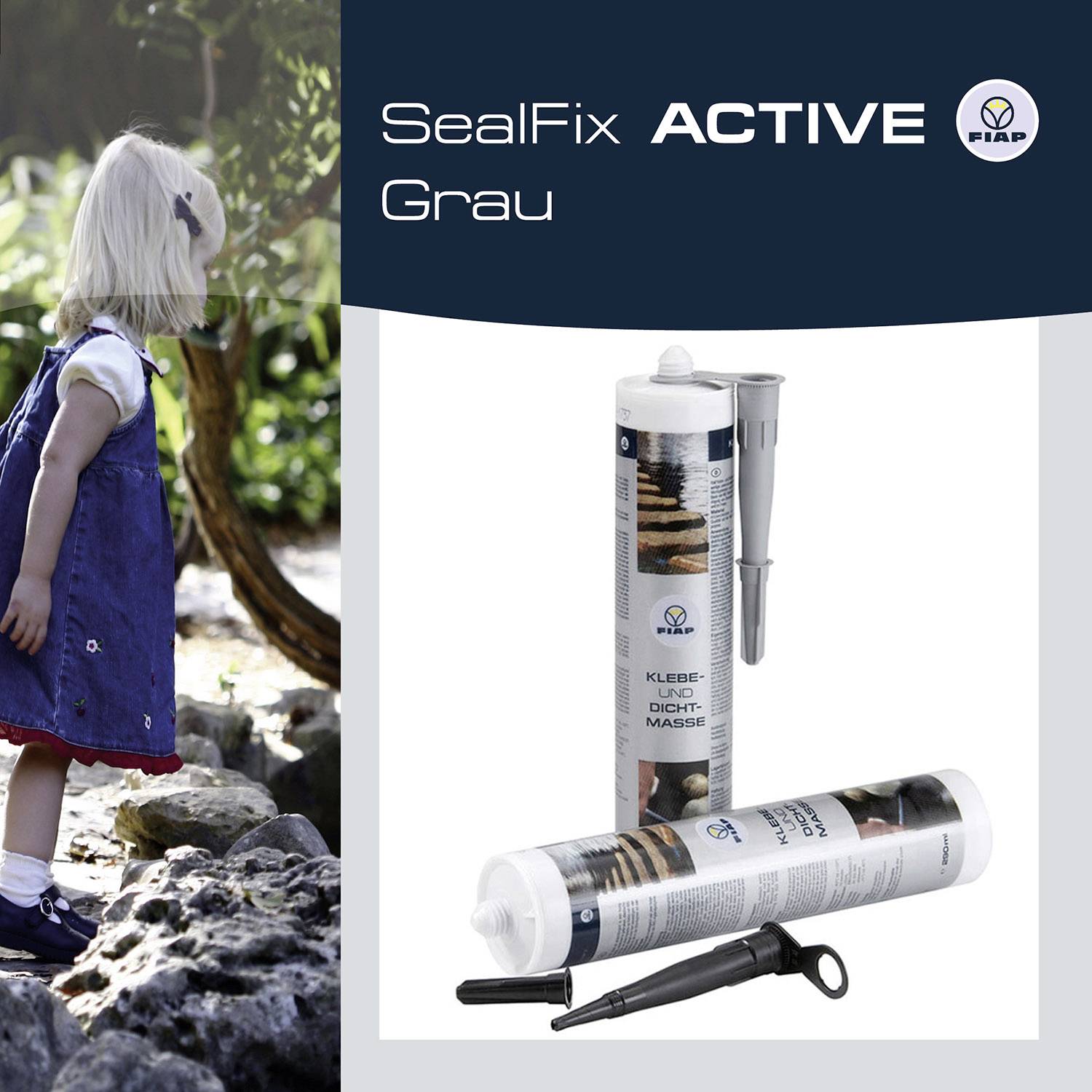'SealFix ACTIVE Grey': Adhesive and sealant with an image of a cartridge and a girl running over stones outdoors.