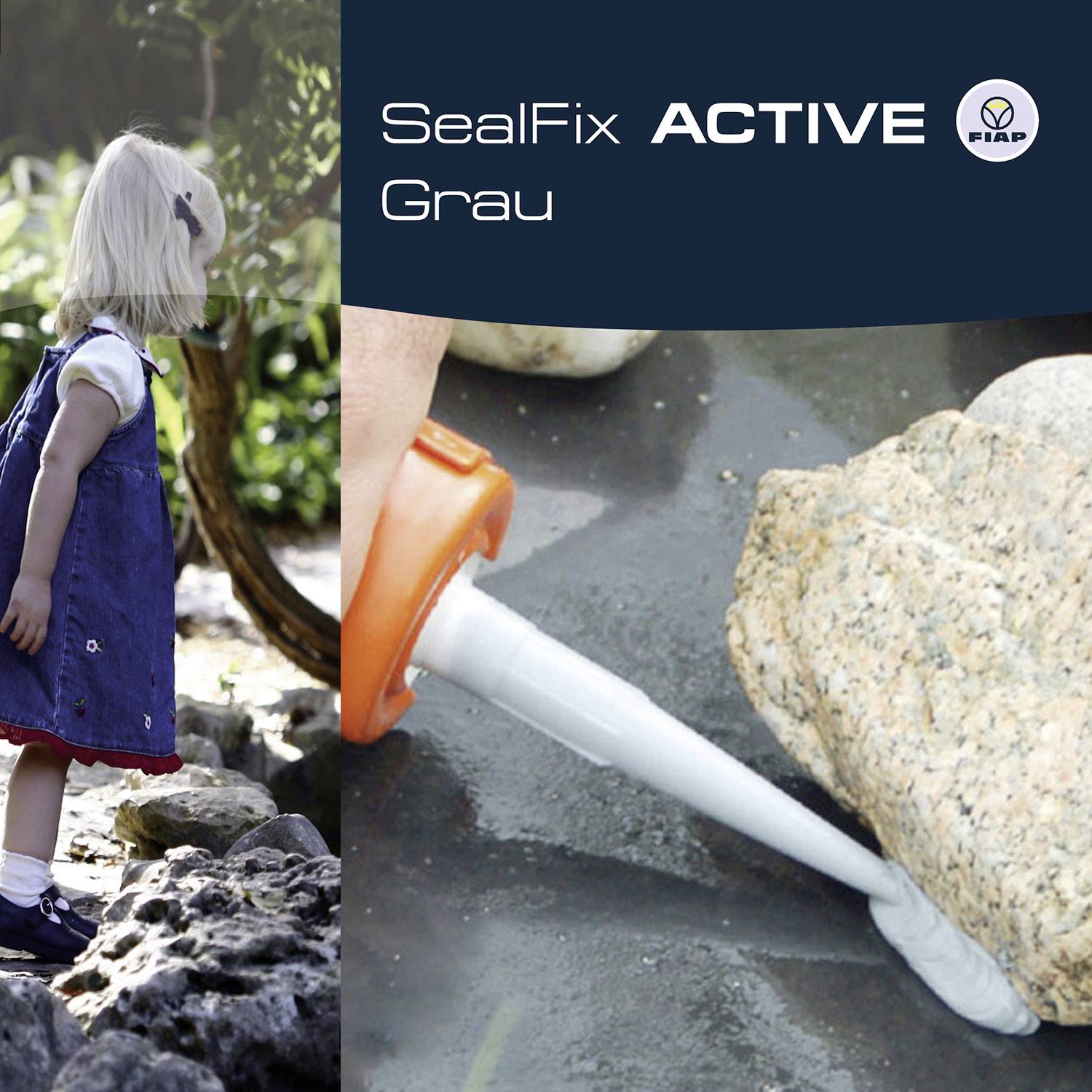 A girl outdoors. Next to her, a close-up of a person applying grey sealant to a stone. Text: 'SealFix ACTIVE Grey'.