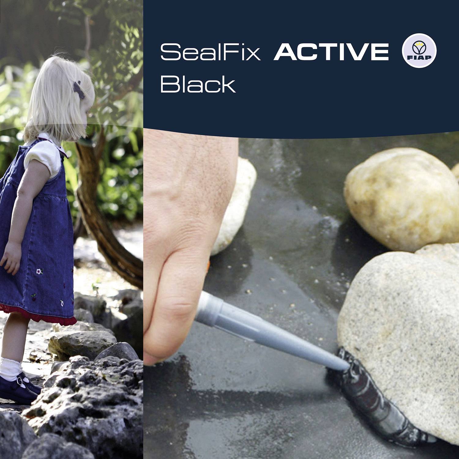 'SealFix ACTIVE Black' sealant is applied to a stone. On the right, a child leaning against a tree.