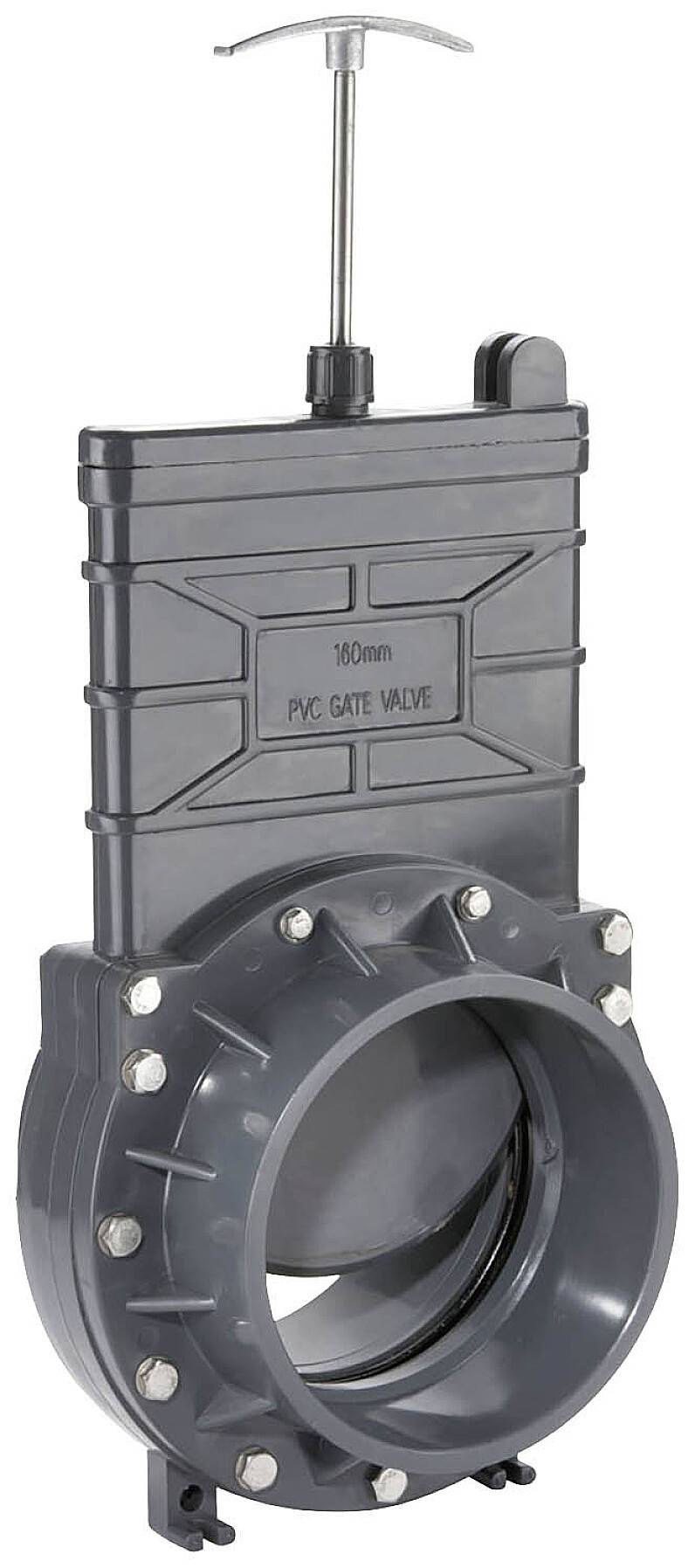 A grey PVC sliding valve with a handle on top, labelled '160mm', for controlling flow in pipelines.