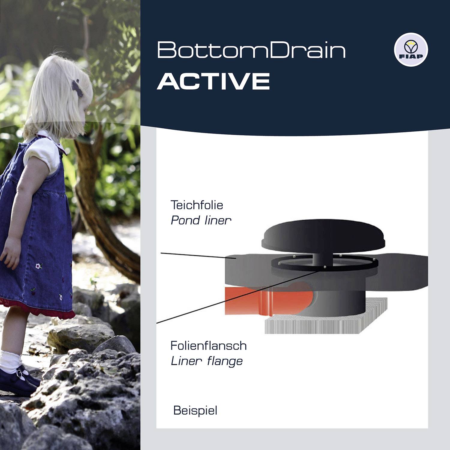 A child is playing next to a pond. On the right is a diagram of a pond outlet with descriptions 'Pond Liner', 'Liner Flange', 'Example'.