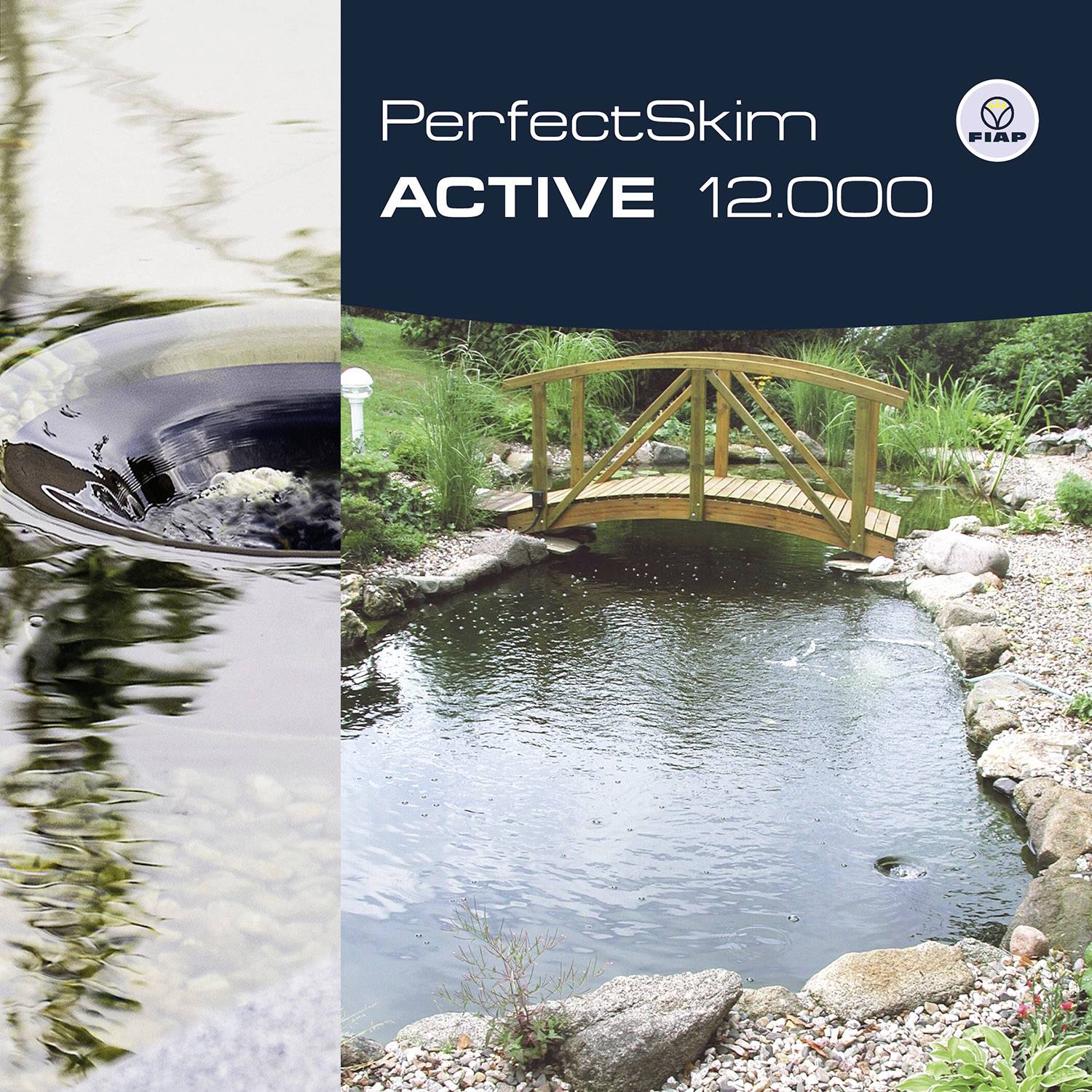 'PerfectSkim ACTIVE 12.000' is a pond filter product by Filp with a bridge over a natural water area.
