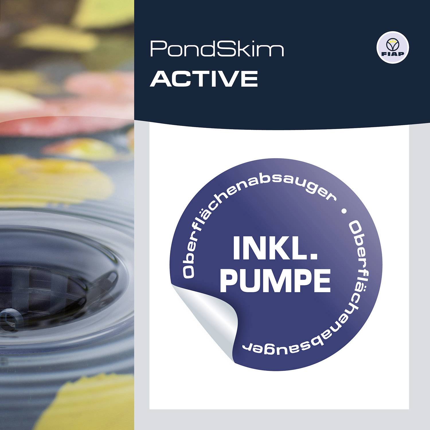'PondSkim ACTIVE' Product packaging with text 'Surface Skimmer including Pump' on a circular seal. Pool scene in the background.