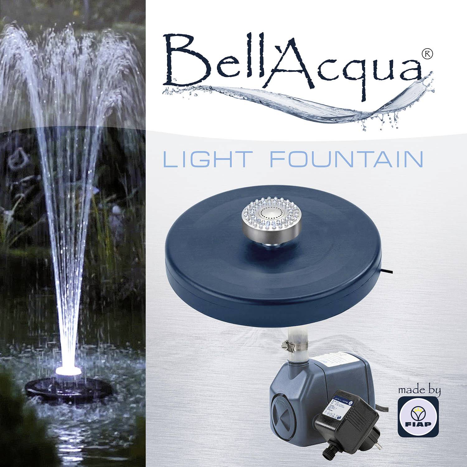 'BellAcqua Light Fountain' Advertisement: On the left, a water feature with an illuminated fountain, on the right, a circular light attachment on a pump system.