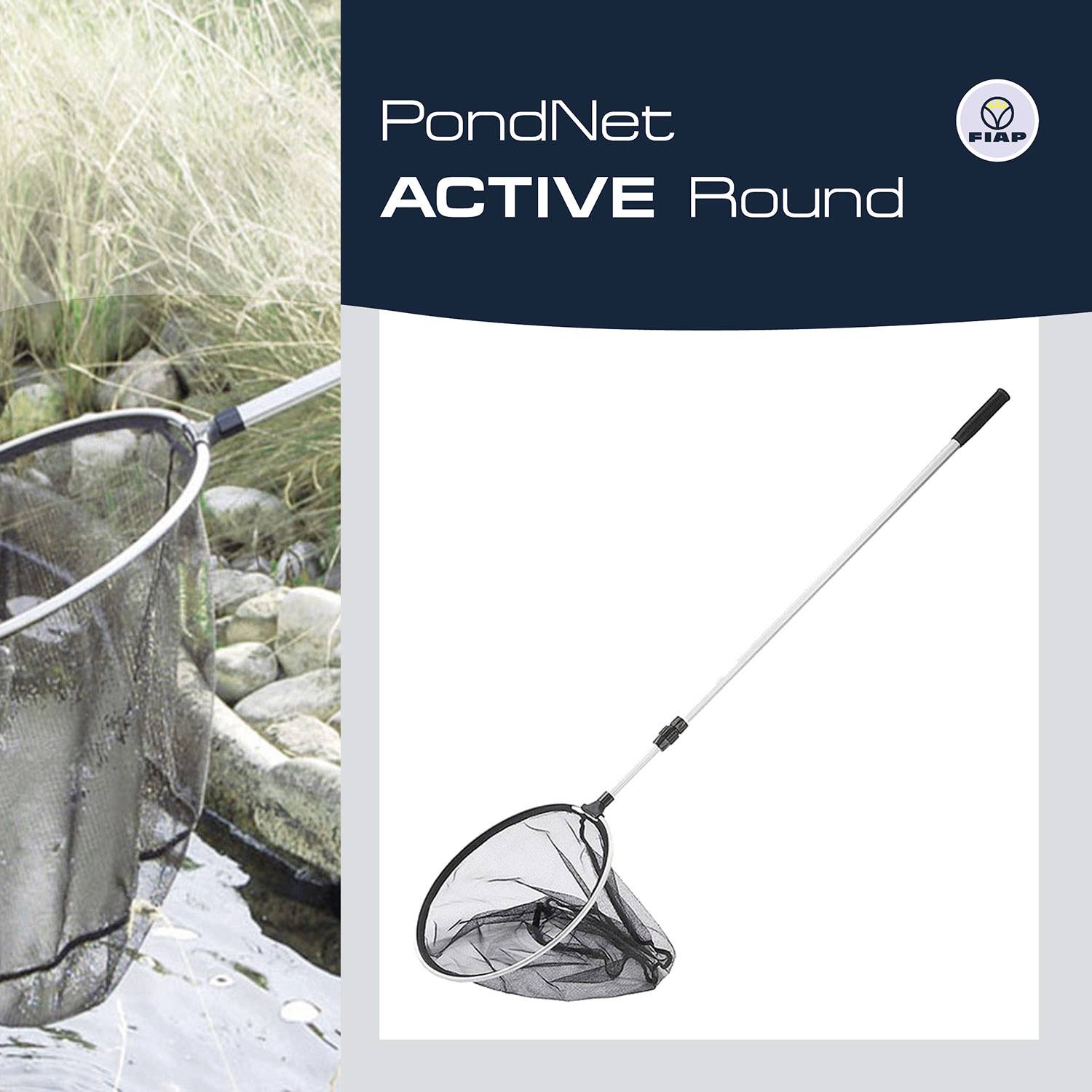 Net with long handle, shown on the left in use by a pond, on the right as a product image.