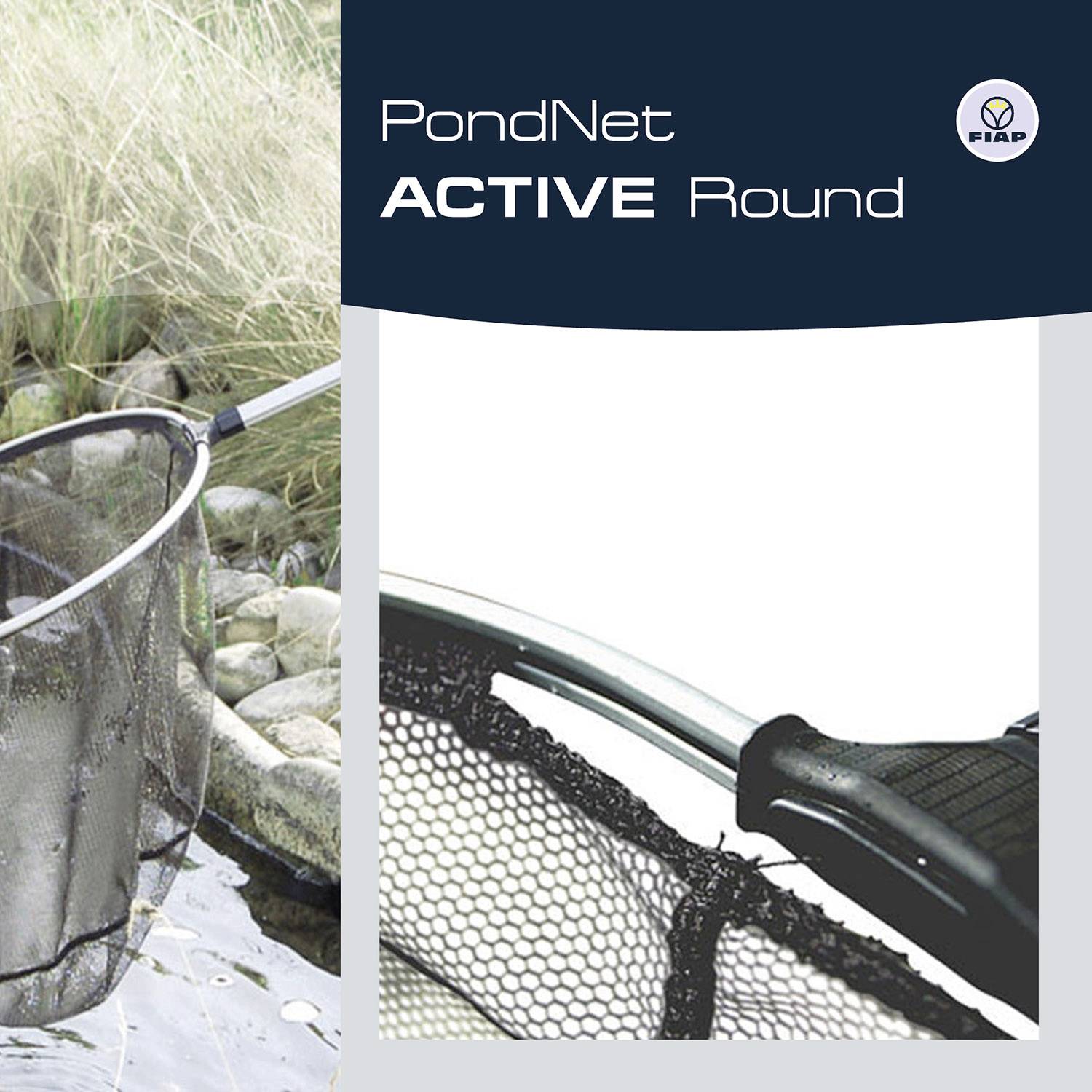 A landing net is used by a pond. Label reads: 'PondNet ACTIVE Round' with a logo in the top right corner.