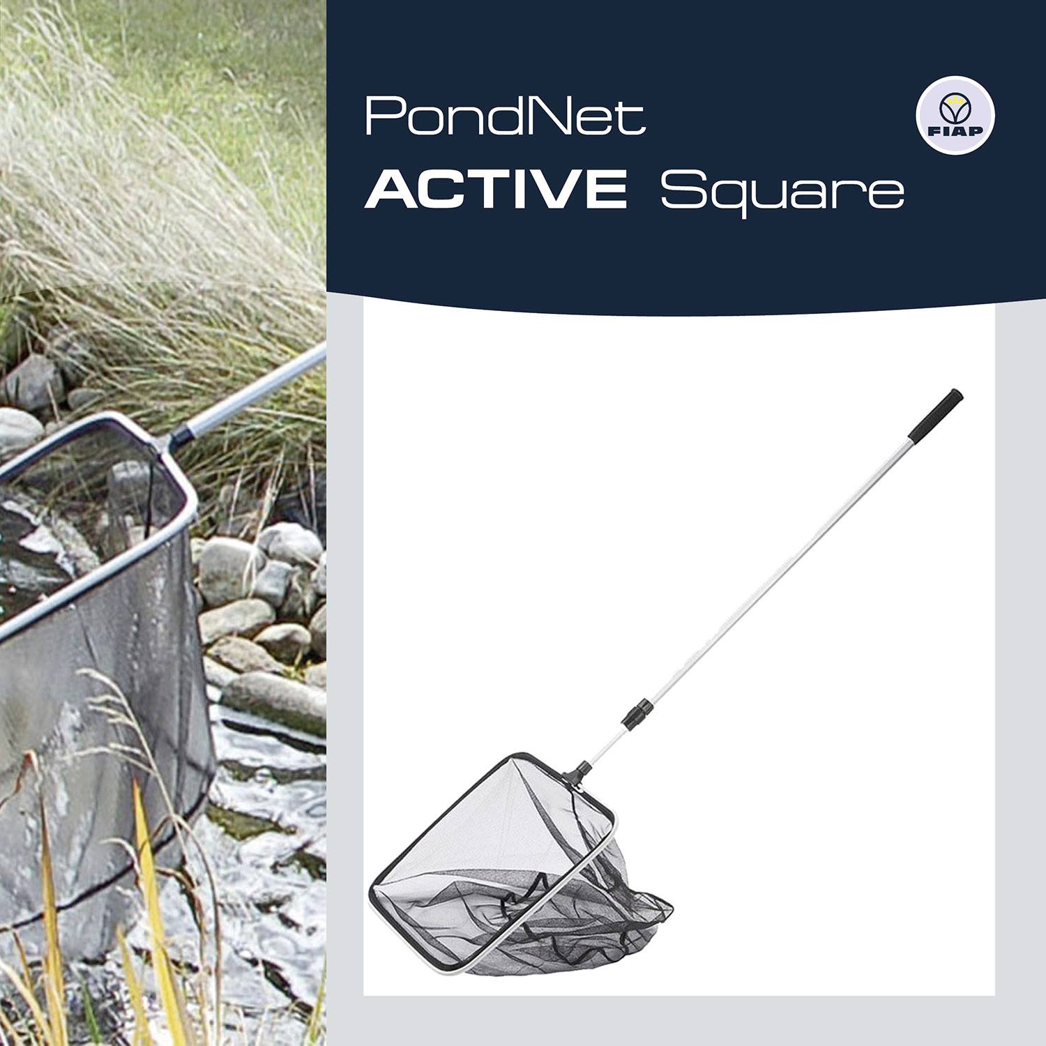 A fishing net is used to remove plants from a pond. Beside it is a photo of the same net.