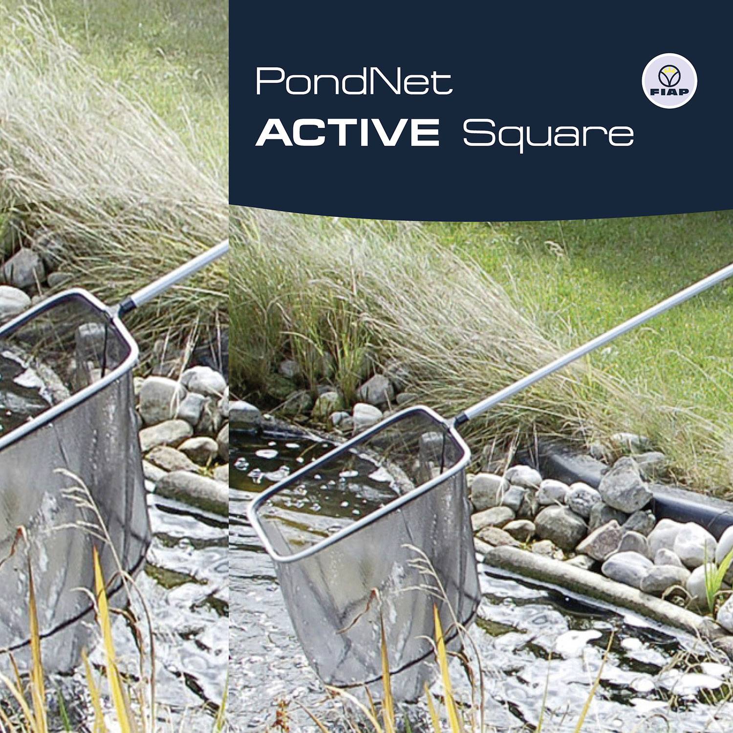 A pond skimmer with a square net is used in a pond to remove plant debris.