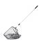 A landing net with a long silver handle and black mesh, positioned diagonally on a white background.