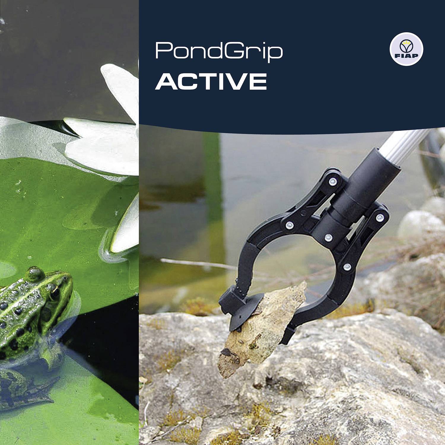'PondGrip ACTIVE' shows a clamp gripping a leaf in water. A frog is visible on the left side of the image, with the gripper on the right.
