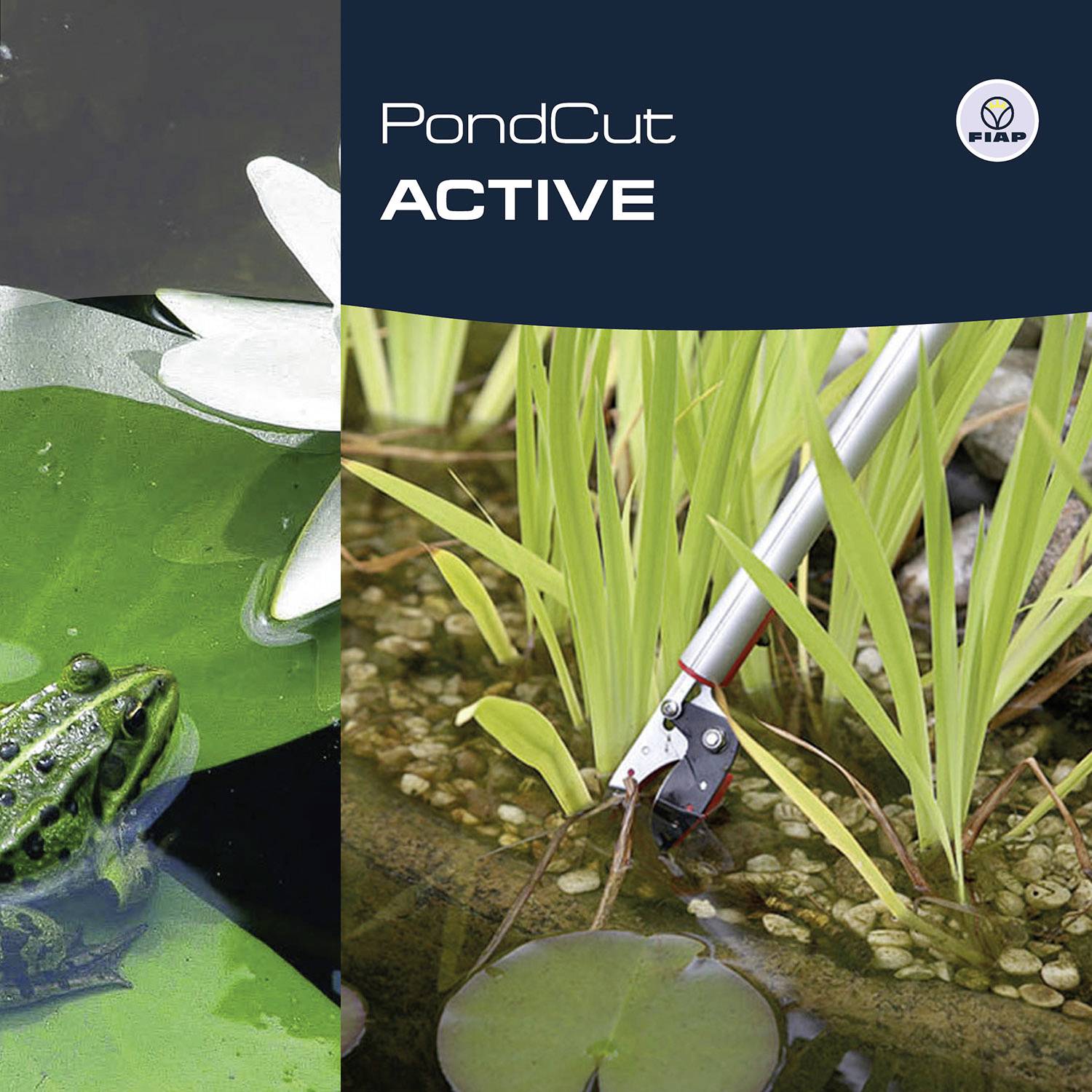 'PondCut ACTIVE' Product Image: A pair of scissors cutting plants in a pond. On the left, a floating water lily with a frog. On the right, a plant-cutting scissors in action.