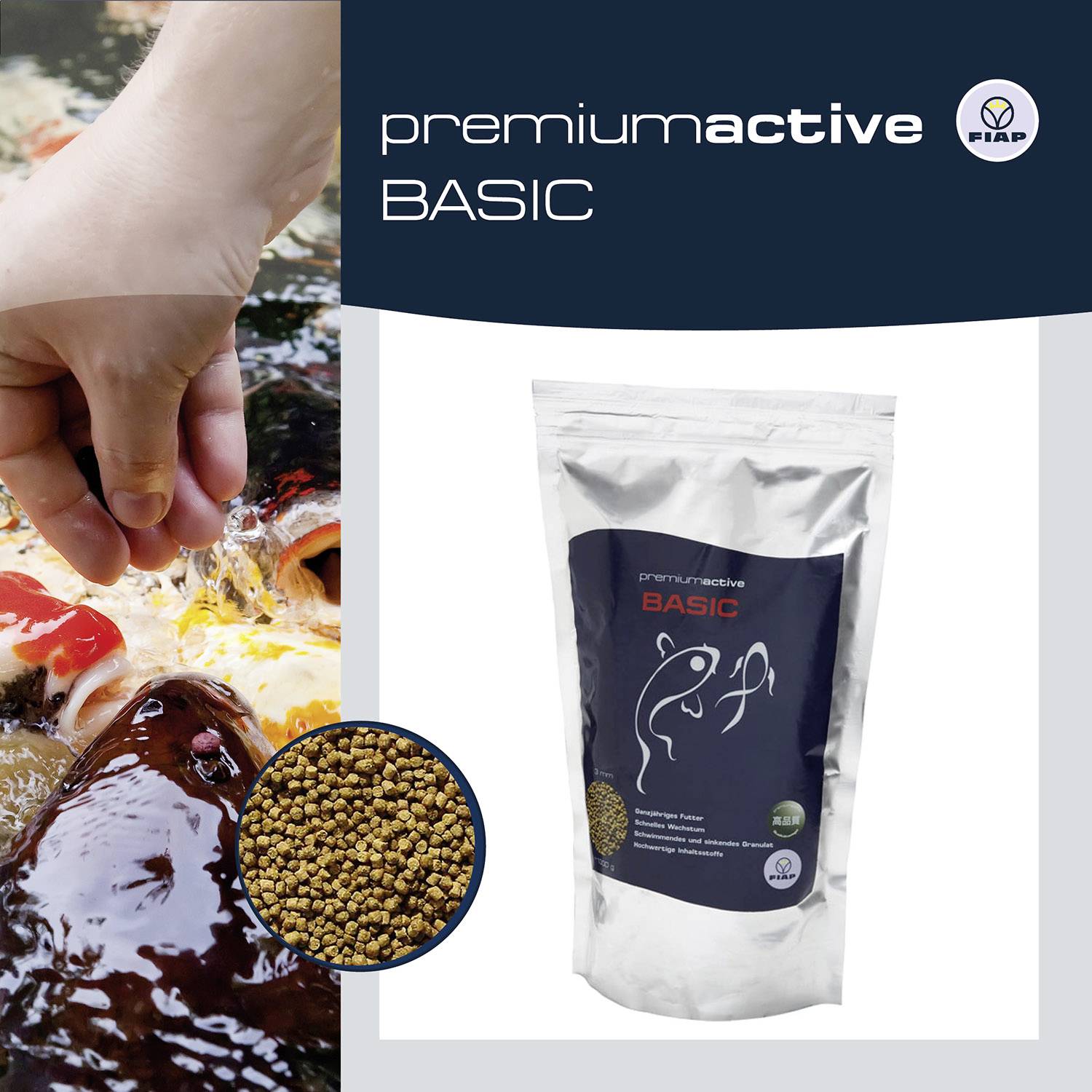 'Premium Active Basic' fish food packaging, beside pond fish being fed. Package displays fish symbol and FIBAP logo.
