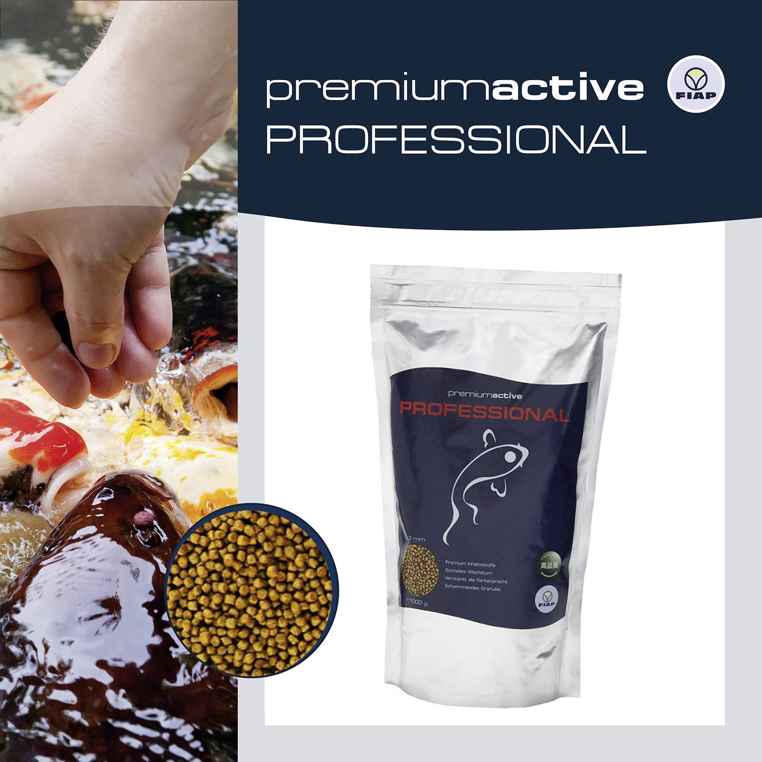 Fish food packaging with the inscription 'premiumactive PROFESSIONAL', showing hands feeding Koi carp and depicted feed pellets.