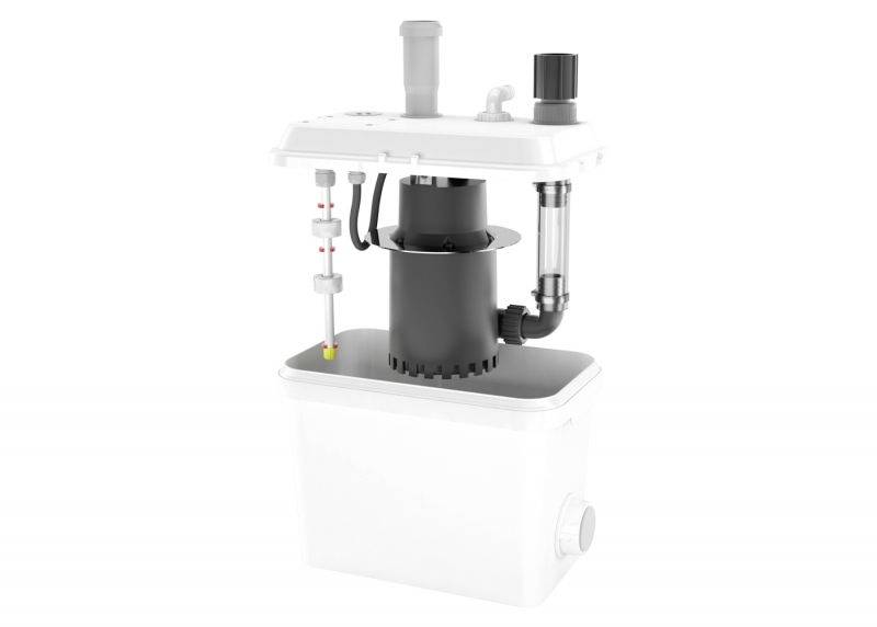 A white container with a black pump mechanism on top, several connections, tubes and a float for water level indication.