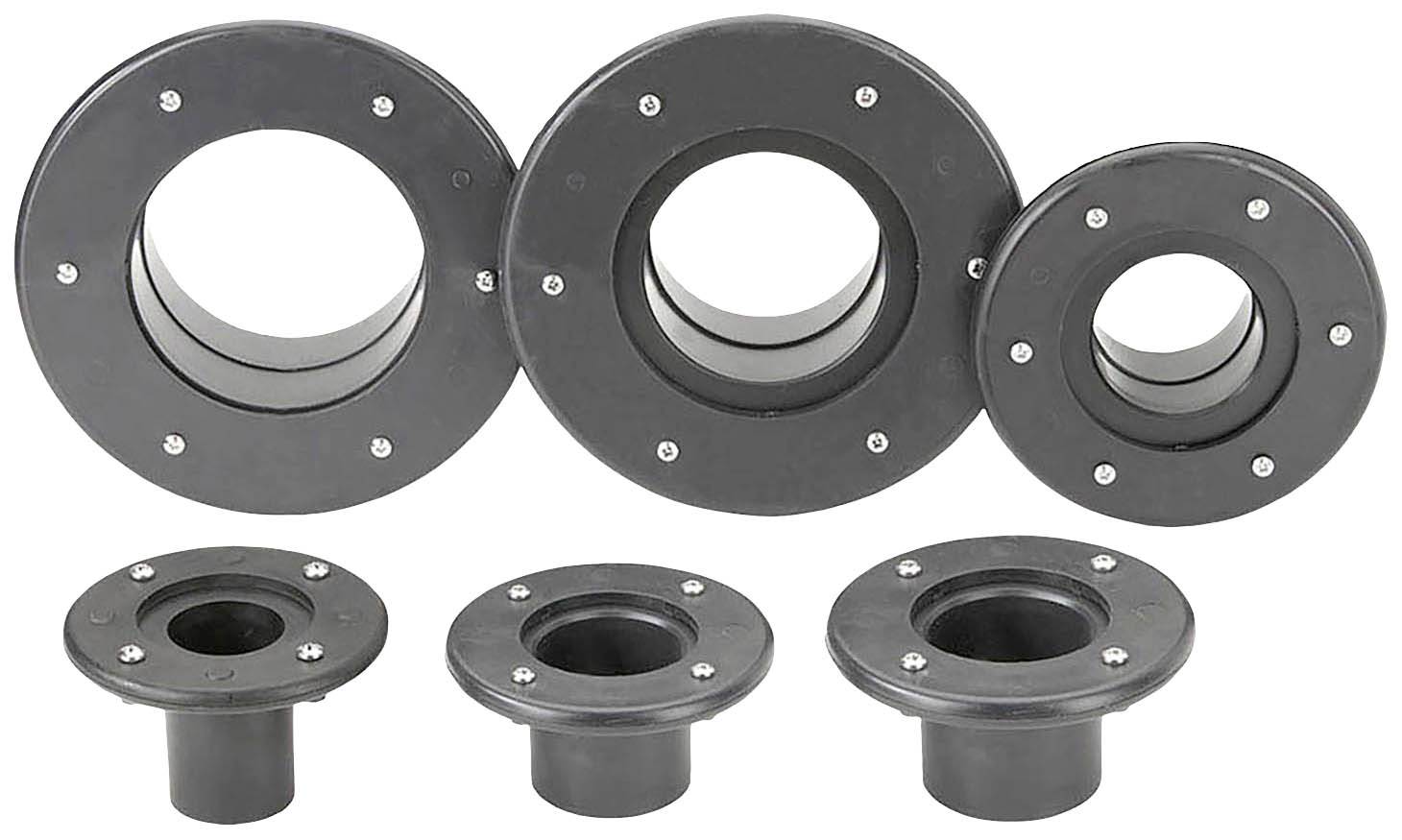 Six black flanges of various sizes with screw holes, suitable for pipe connections or industrial applications.