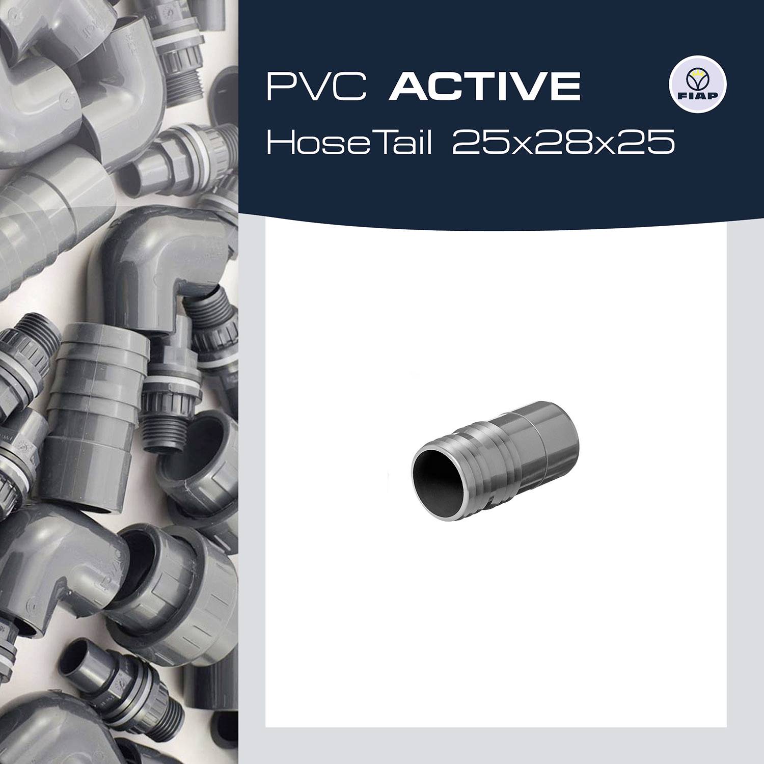 'PVC ACTIVE Hose Nozzle 25x28x25' on a grey background, surrounded by various connecting parts made of grey plastic.