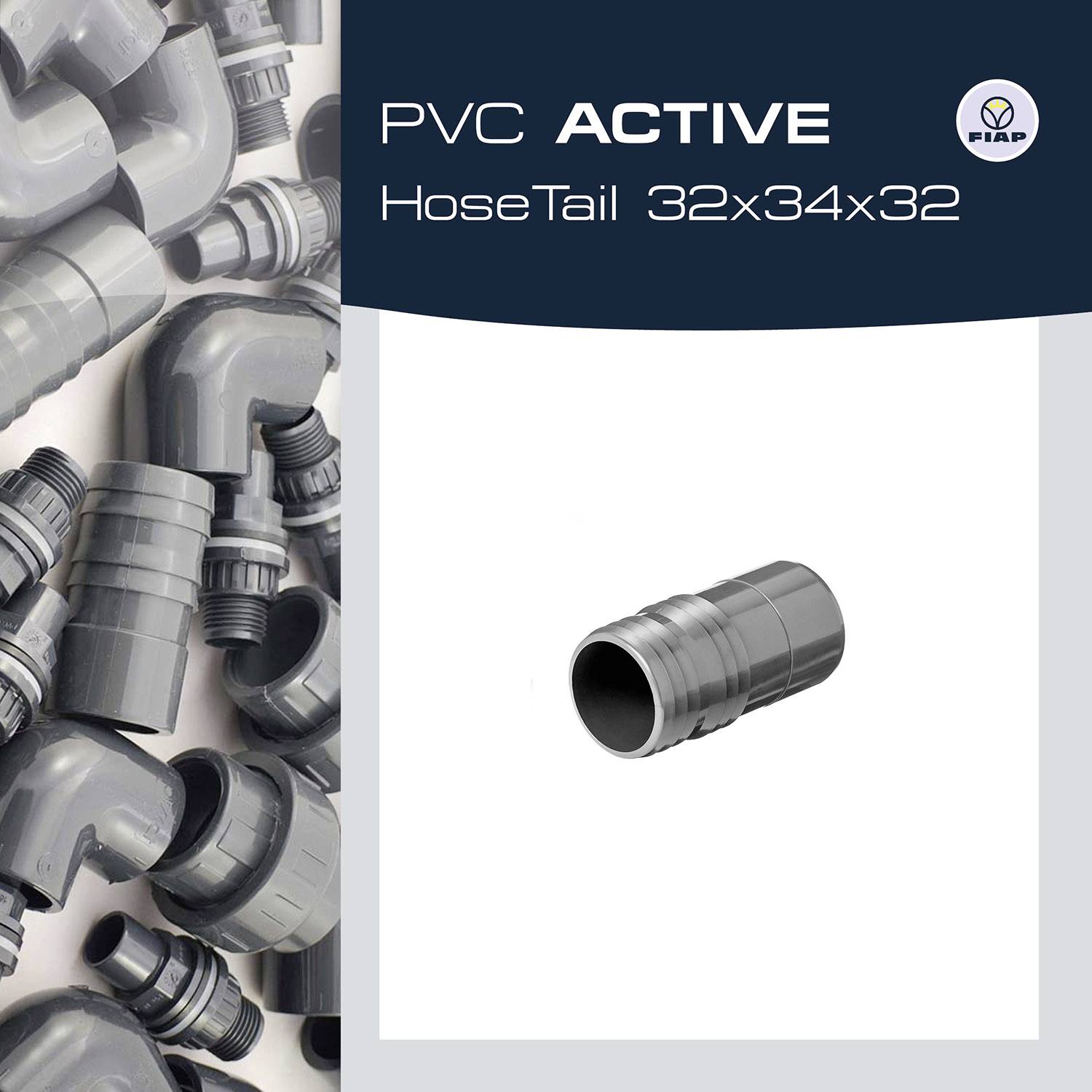 'PVC ACTIVE Hose Tail 32x34x32' and Fittings in dark grey. Product presentation with fittings arrangement.