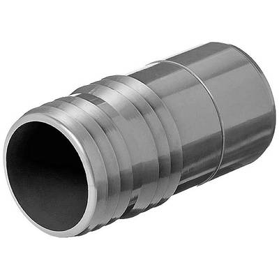 A metallic, cylindrical connector piece, likely a hose adapter, with multiple ridges for secure gripping.