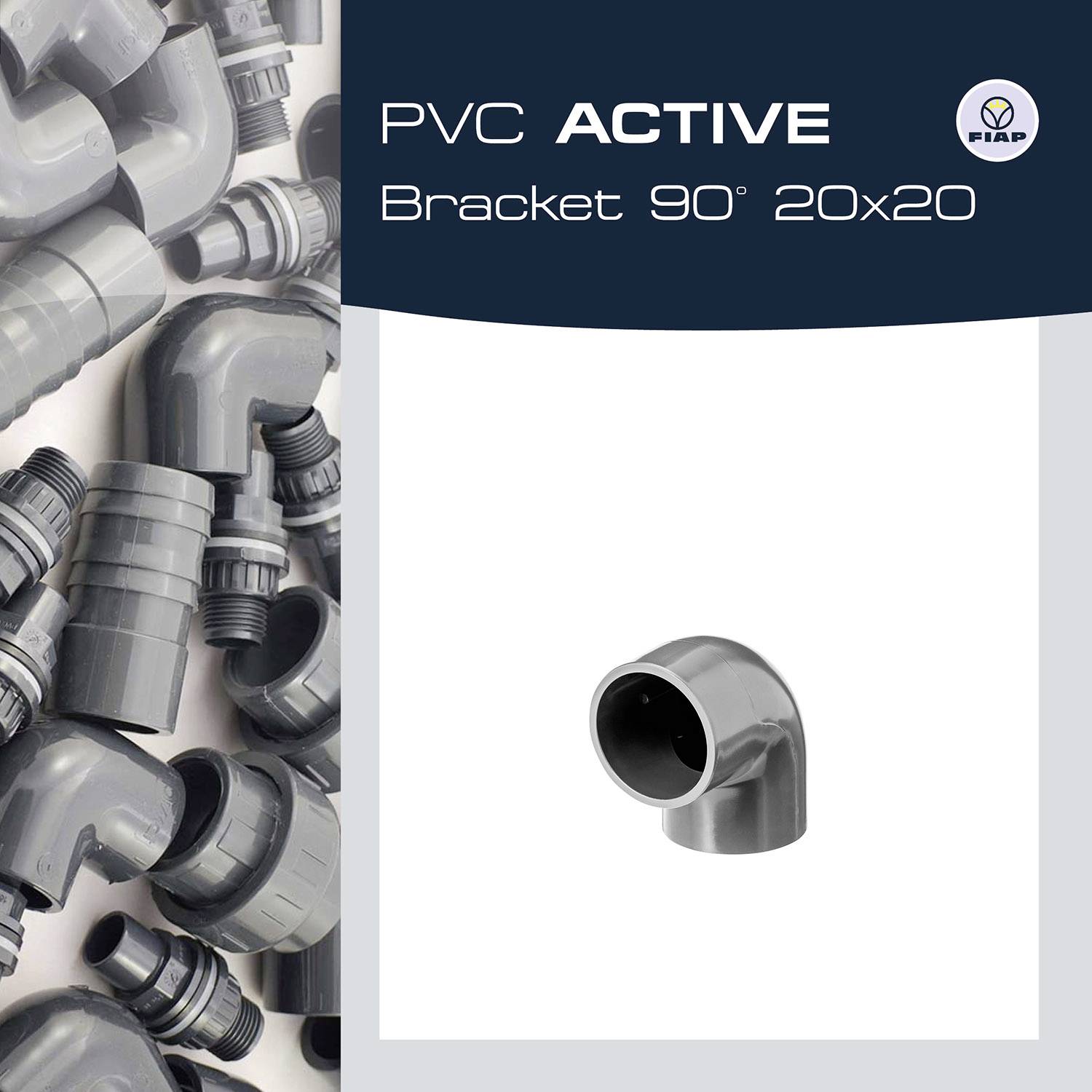 'PVC ACTIVE Bracket 90° 20x20' shows a grey angle flange and a variety of similar parts. Plastic connecting components for pipe systems.