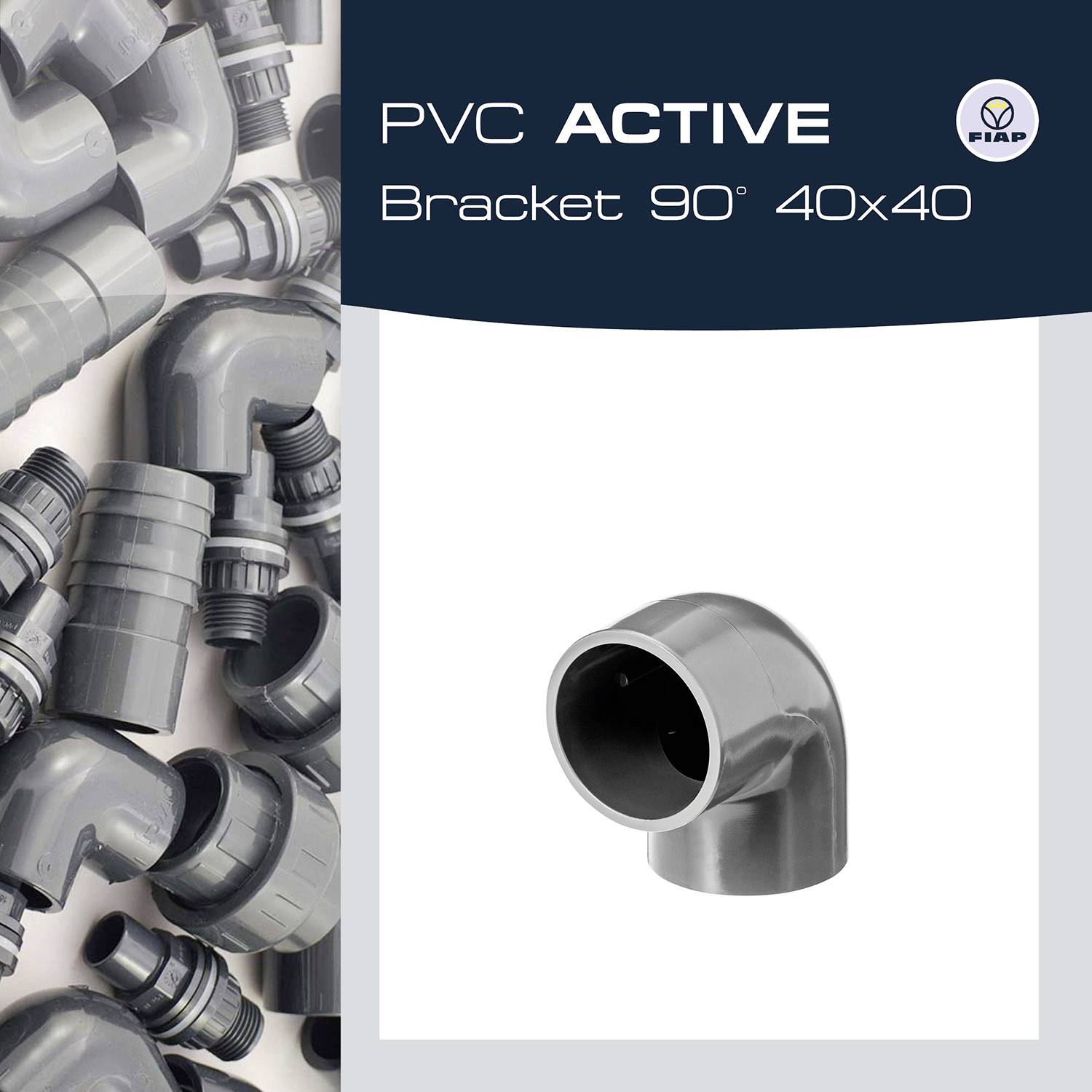 PVC pipe section with a 90-degree angle shown. Label reads: 'PVC Active Bracket 90° 40x40'. Background displays additional PVC components.