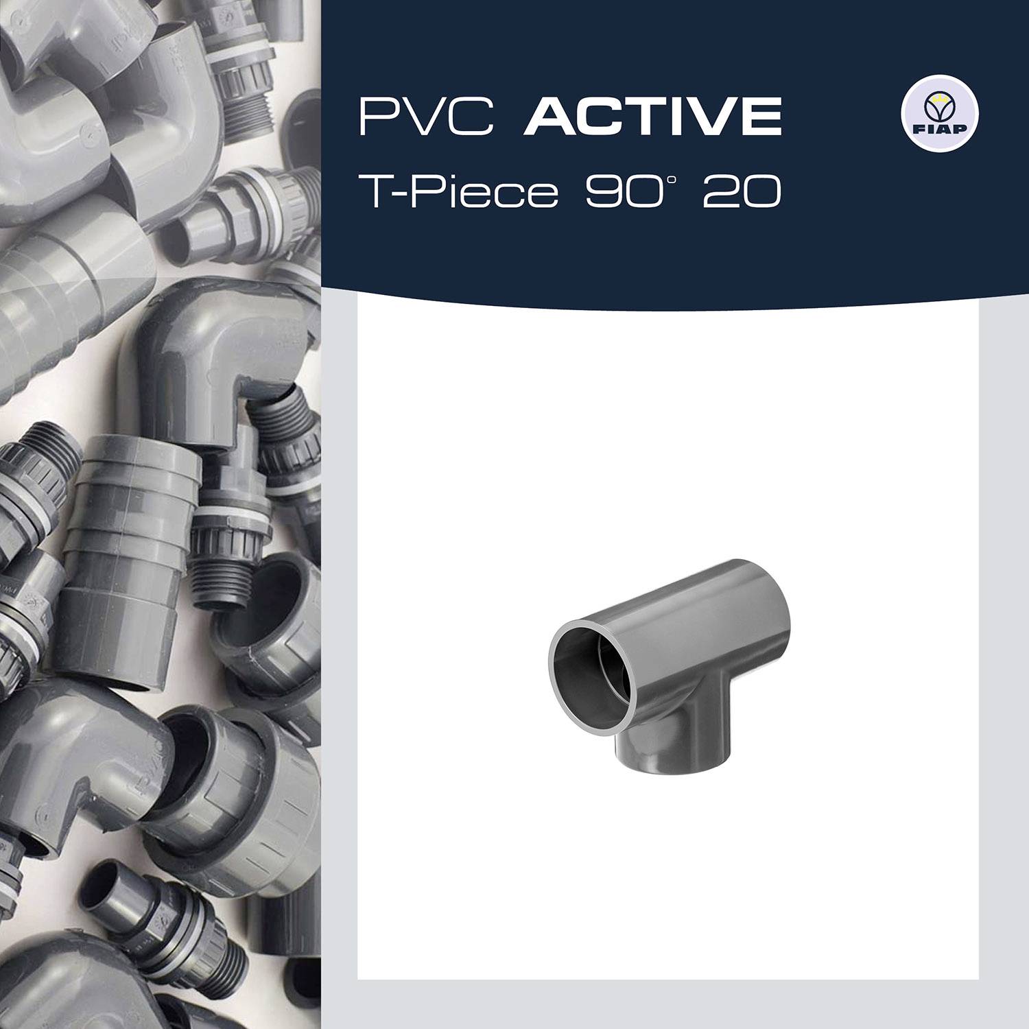 A 90-degree PVC T-piece can be seen centrally, surrounded by several similar grey PVC parts in the background.