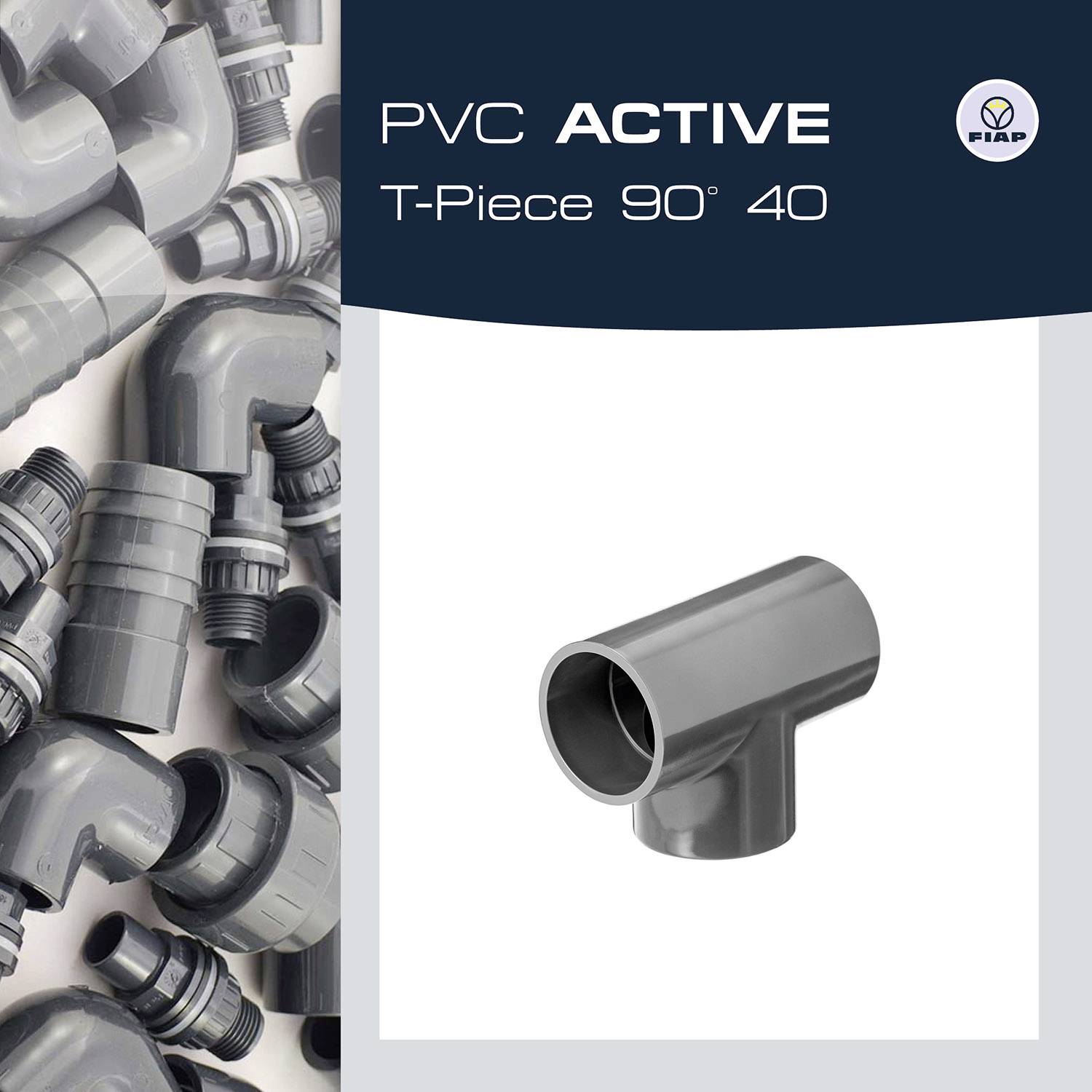 PVC Pipe T-Piece 90 Degrees, brand name 'ACTIVE' by FIP, against a grey background with multiple pipe connectors.