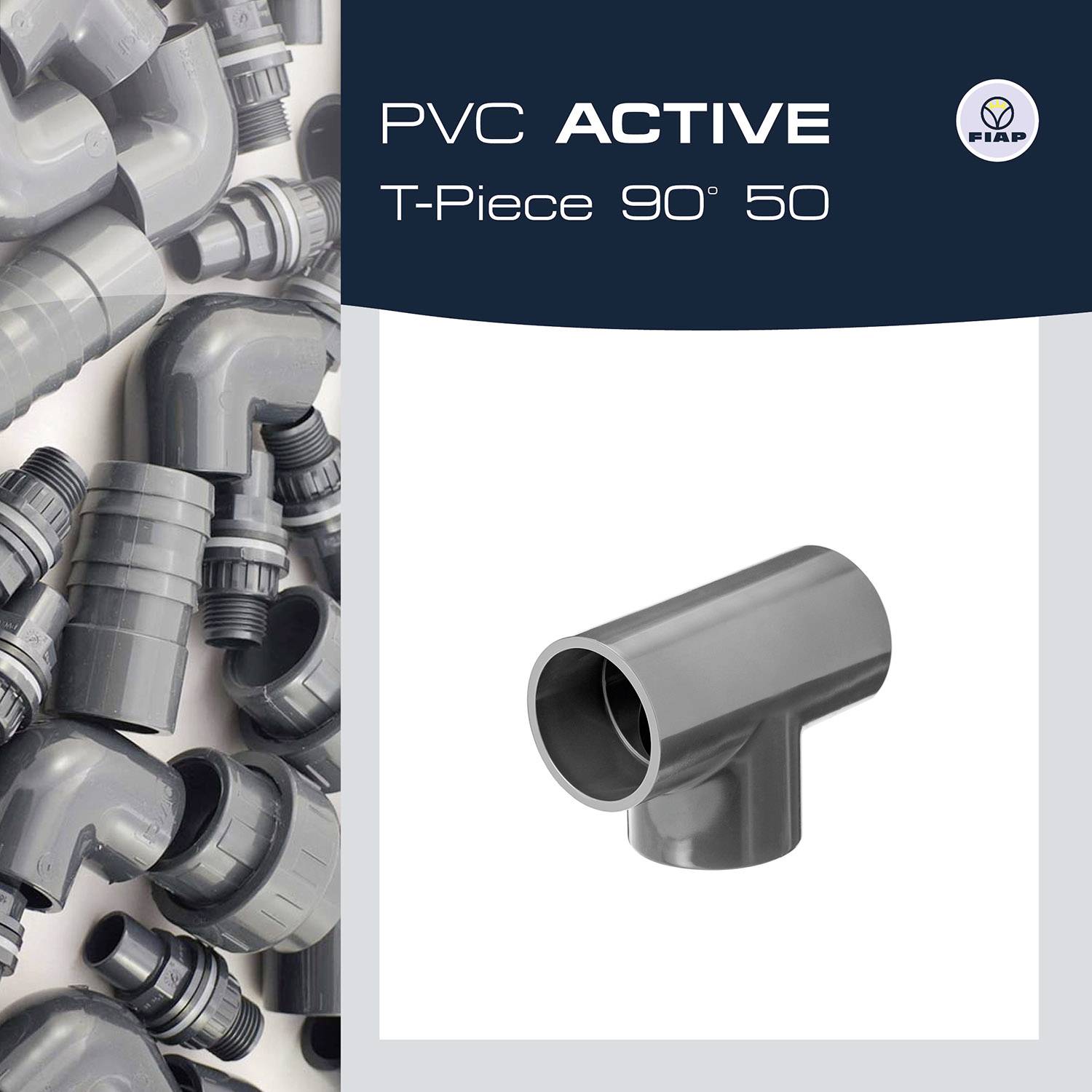 PVC Pipe Connector, T-Piece, 90-Degree Angled, Dark Grey, Manufactured by FIP. Product illustration with a collection of connectors in the background.