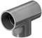 Grey PVC T-piece used for pipework, showing three openings in a T-shape.