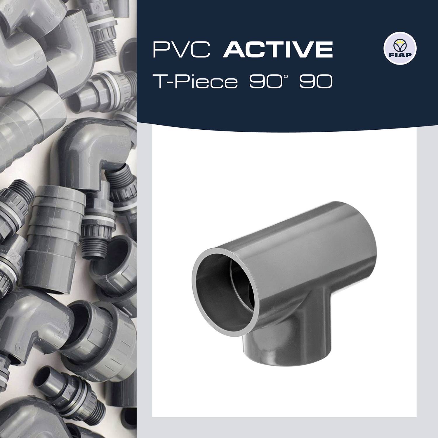 PVC T-Piece 90 Degree: Grey plastic pipe connector for pipework, suitable for industrial applications, set against a grey background.