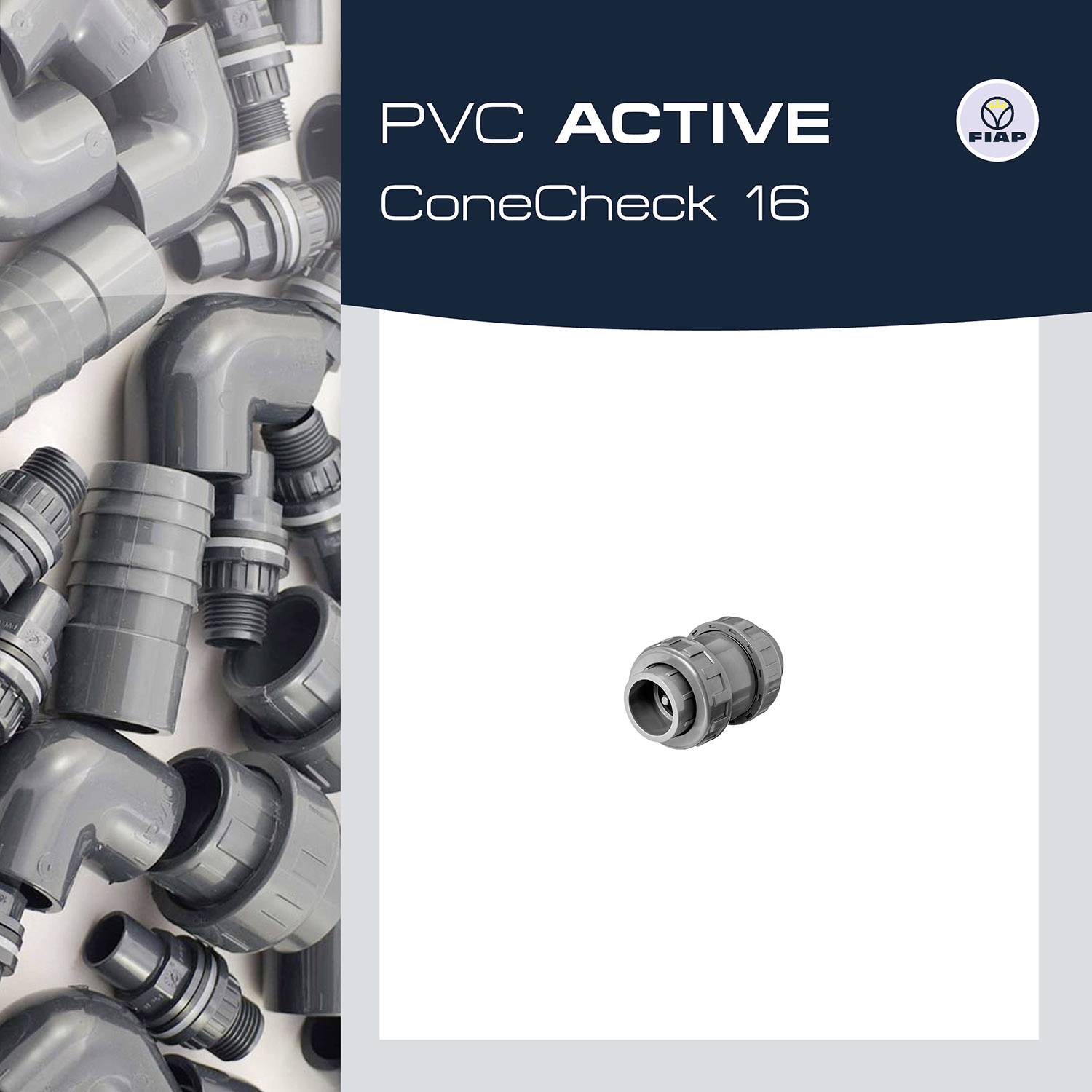 A variety of grey PVC fittings in different shapes, including angles and couplings, labelled 'PVC ACTIVE ConeCheck 16'.