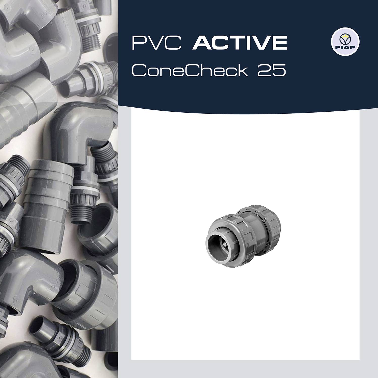 'PVC ACTIVE ConeCheck 25' on a grey background with PVC pipe connections and FIBAP logo.