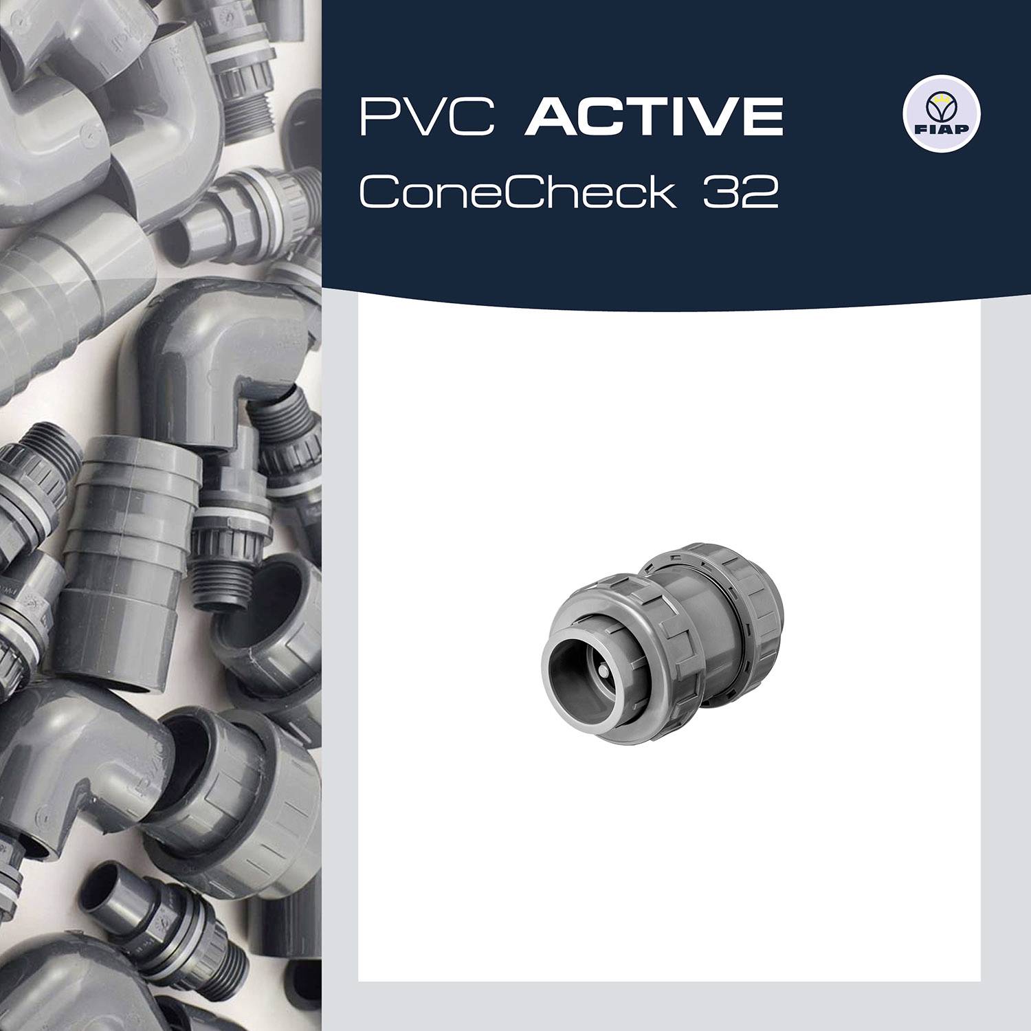 'PVC ACTIVE ConeCheck 32' is positioned next to an image featuring grey PVC pipes with a specially highlighted connecting piece on the right.