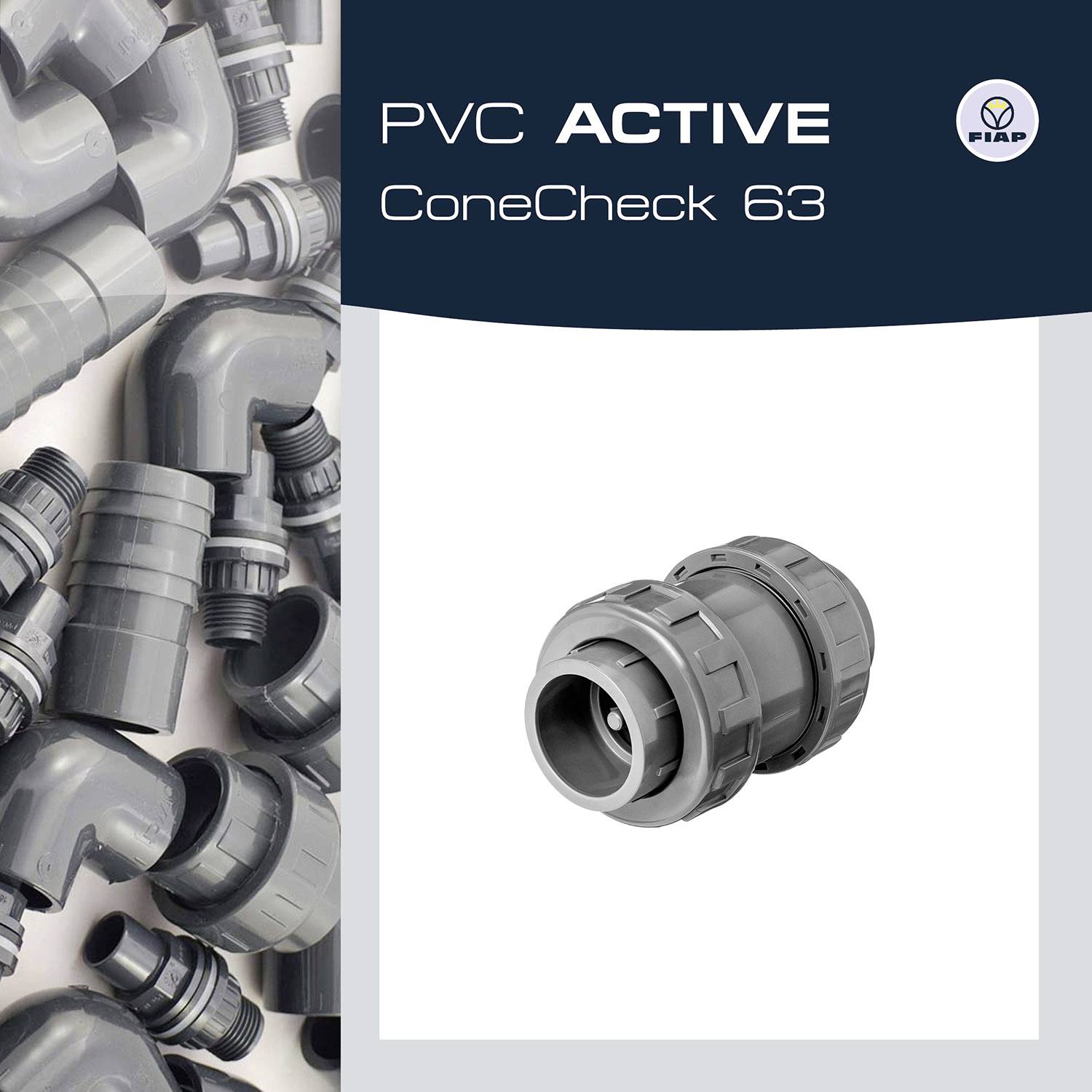 PVC pipe system components in grey. On the right, a connection piece labelled 'PVC Active ConeCheck 63'.