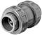 Grey plastic pipe connector, cylindrical in shape, with two ends featuring threaded closures, suitable for piping systems.