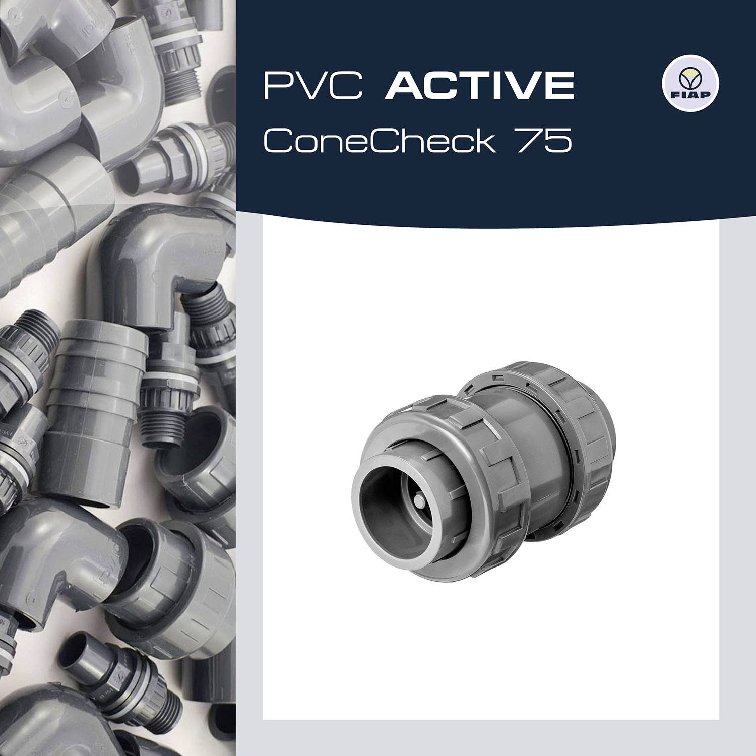 On the left side of the image, various PVC pipes are visible. On the right, 'PVC ACTIVE ConeCheck 75' is positioned next to a large PVC fitting.