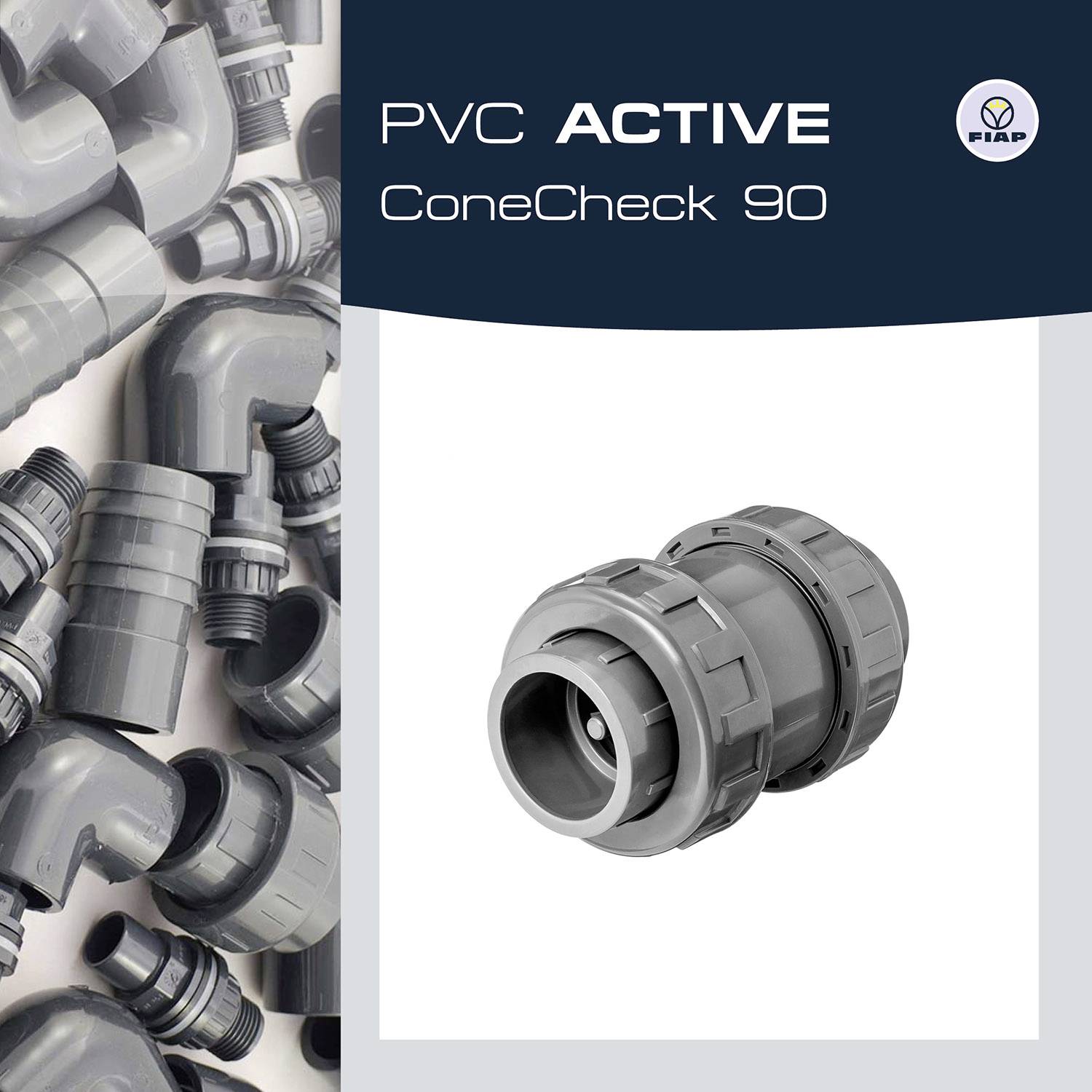 'PVC ACTIVE ConeCheck 90' next to an image of a grey connector piece, surrounded by several PVC pipe elements.