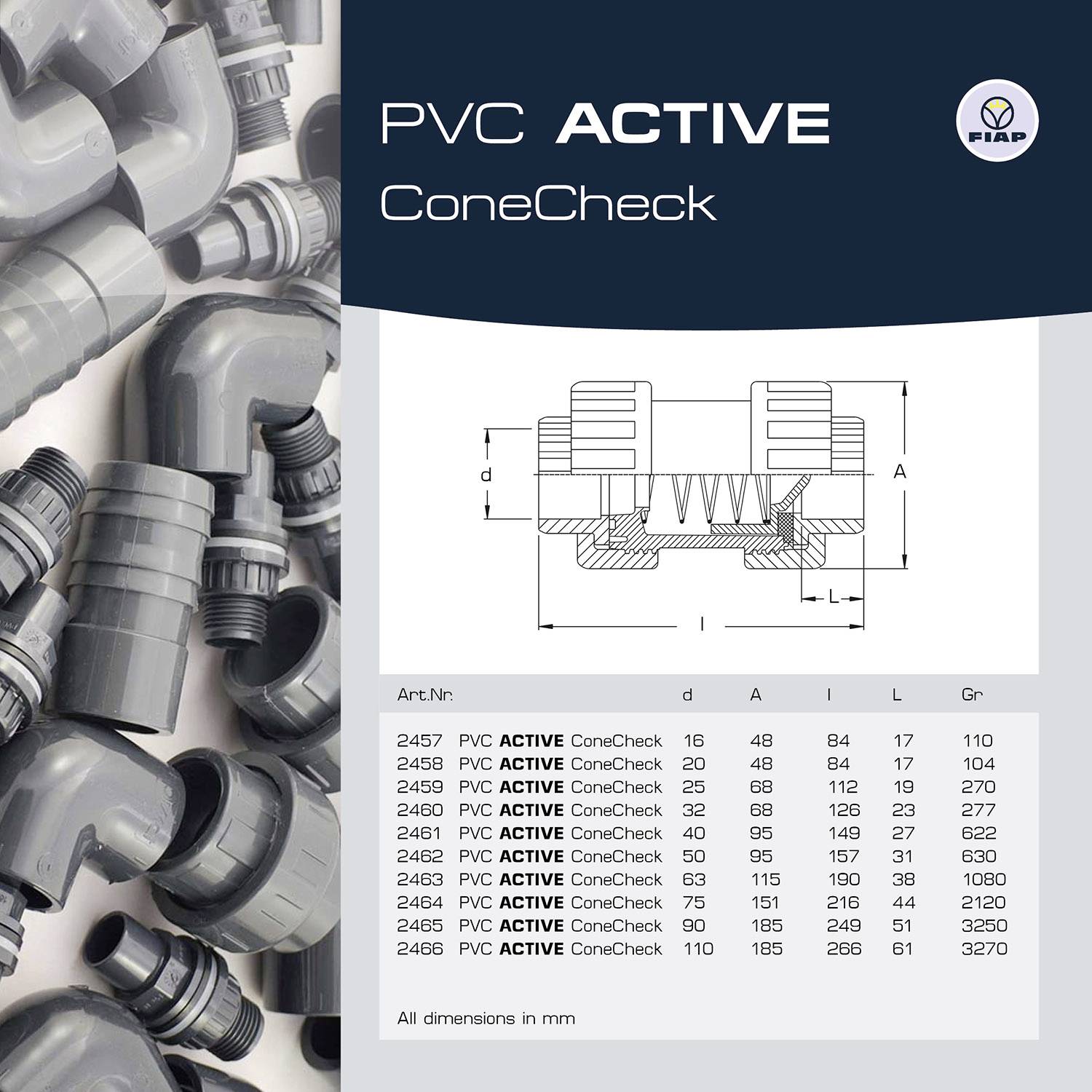 'PVC ACTIVE ConeCheck' Product Data Sheet, showing grey PVC pipes and fittings. Technical drawings and table with dimensions in mm.
