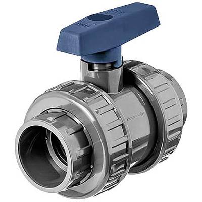 Grey PVC ball valve with blue handle, suitable for water installation. Connection points on both sides for pipe connections.