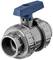 Grey PVC ball valve with blue handle, suitable for water installation. Connection points on both sides for pipe connections.