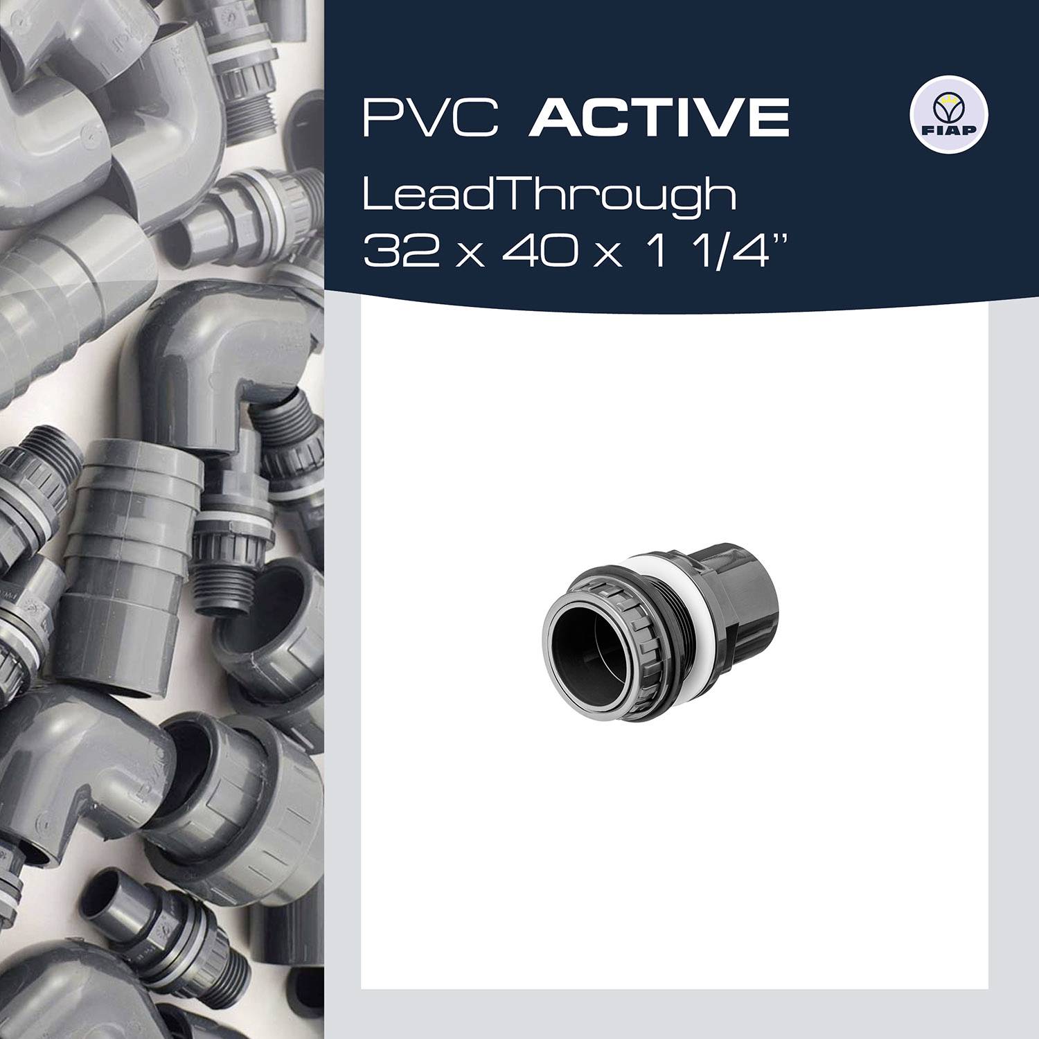 'PVC ACTIVE LeadThrough 32 x 40 x 1 1/4"' is positioned next to an image of grey PVC pipes and a black pipe connector on a white background. A logo is located in the top right corner.