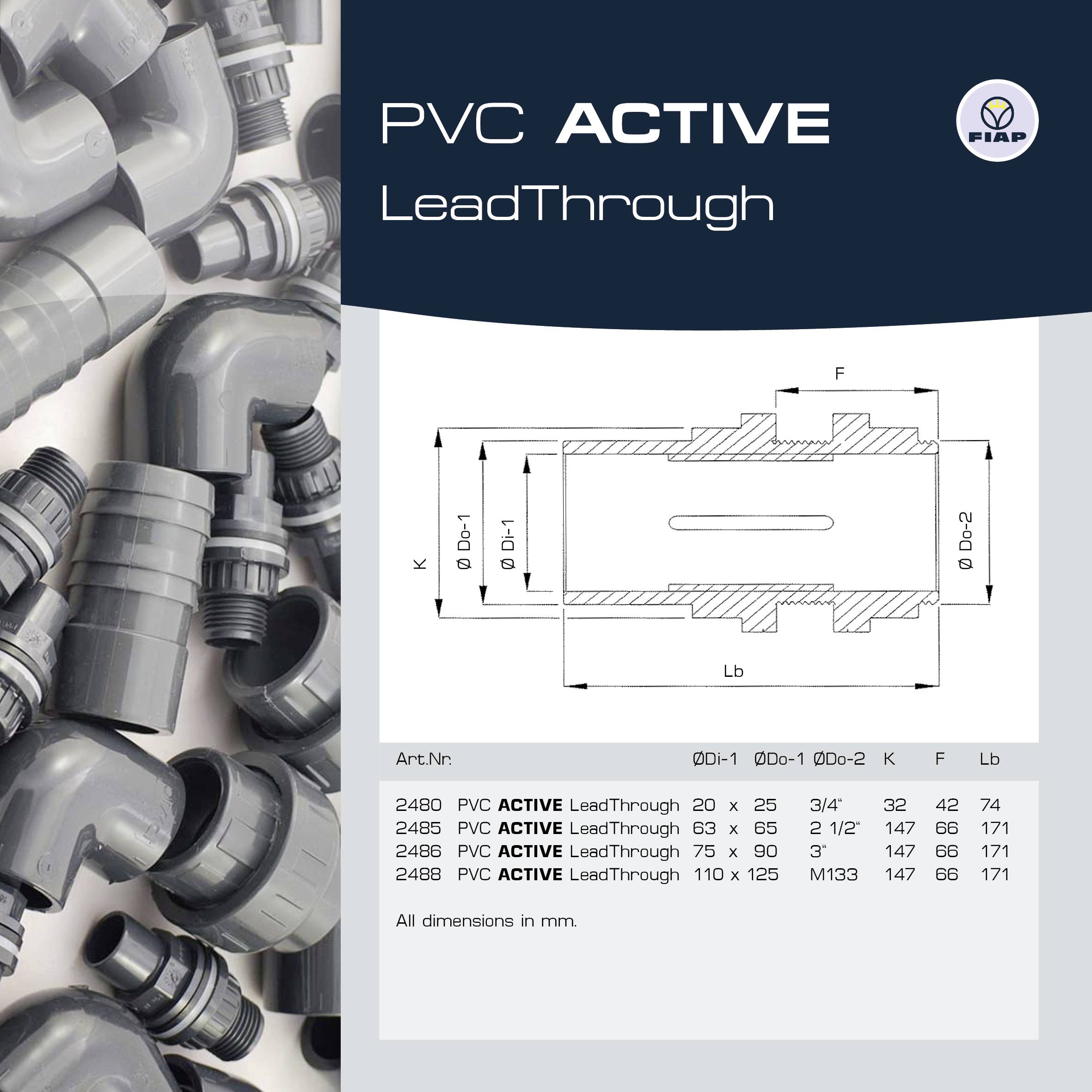 'PVC ACTIVE LeadThrough' with technical drawings and specifications for dimensions in mm. Representation of grey pipe connections and corner pieces.