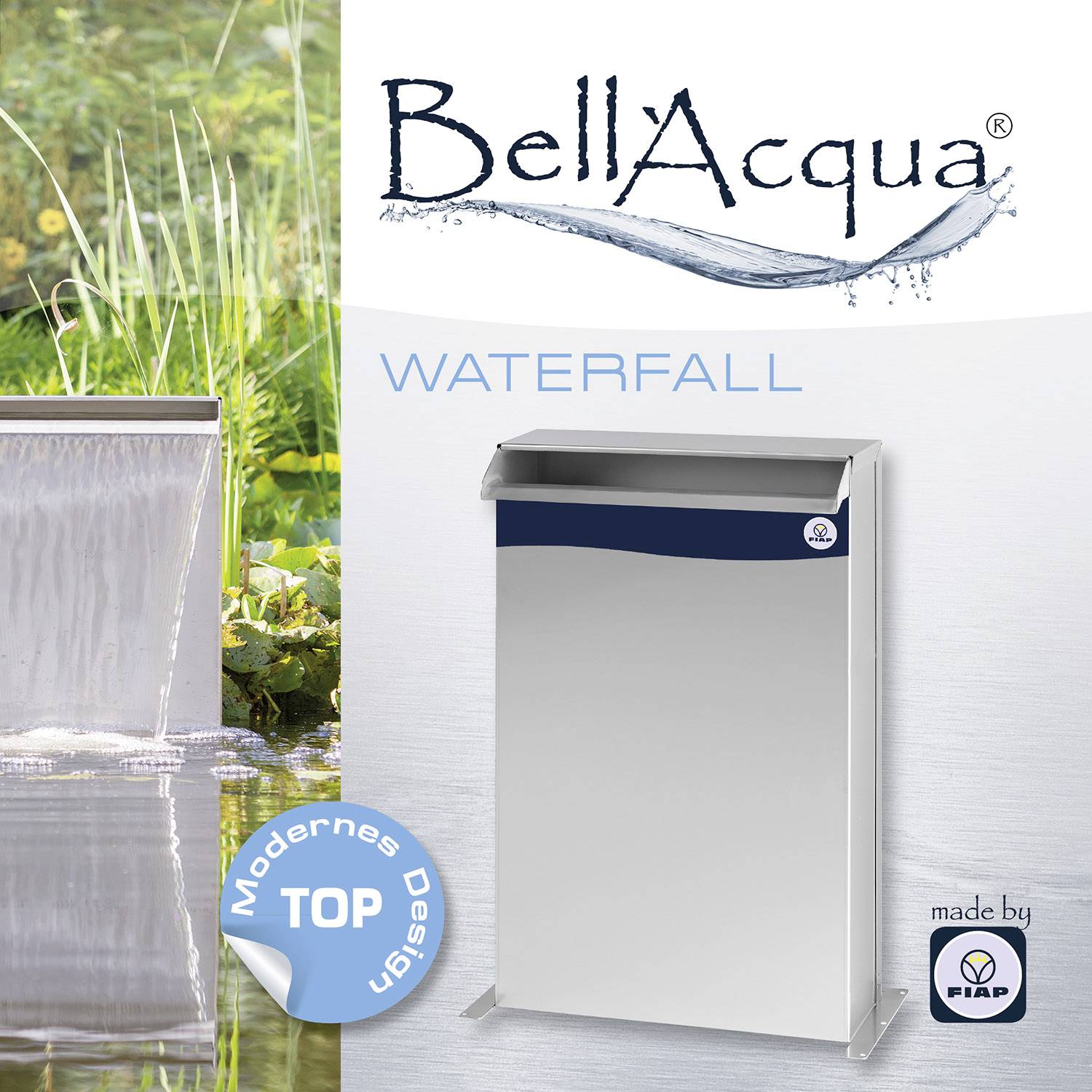 'BellAqua' Waterfall Design with Stainless Steel Structure, modern look. Cuts cleanly through water, suitable for gardens.
