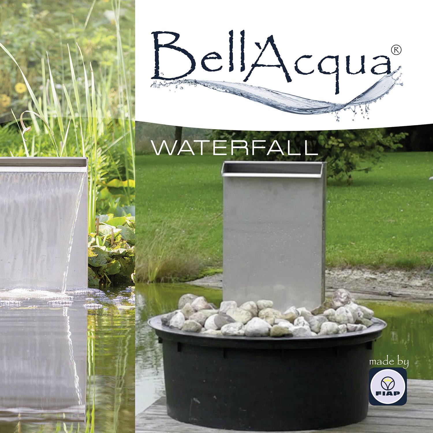 BellAqua waterfall module, a modern, rectangular stainless steel waterfall, installed in a decorative garden pond.