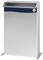 Silver waste bin with a blue stripe at the top and a logo. Suitable for indoor or outdoor use.