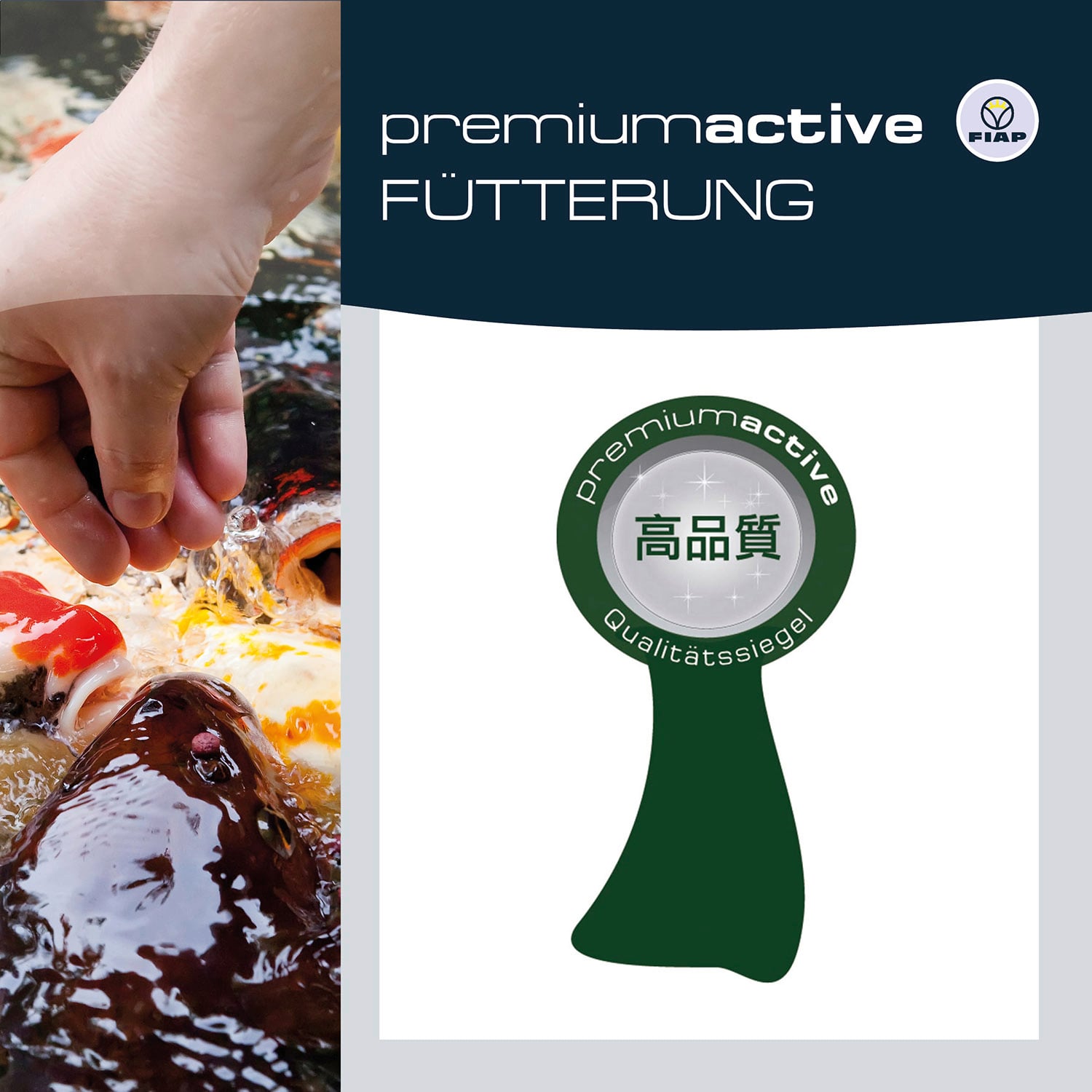A hand feeds a fish in water. On the right side is 'premiumactive FEEDING' and a quality seal with Chinese characters.