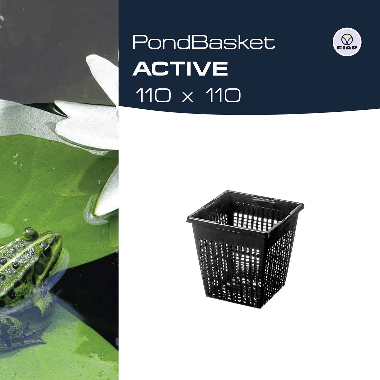 'PondBasket ACTIVE 110 x 110' next to a black square basket with holes, depicted in a pond with a water lily and a frog.