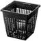A black, rectangular plastic laundry basket with side ventilation slots stands upright, visible from above and the side.