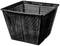 Black, square plastic basket with perforated design, suitable for storage or transportation.