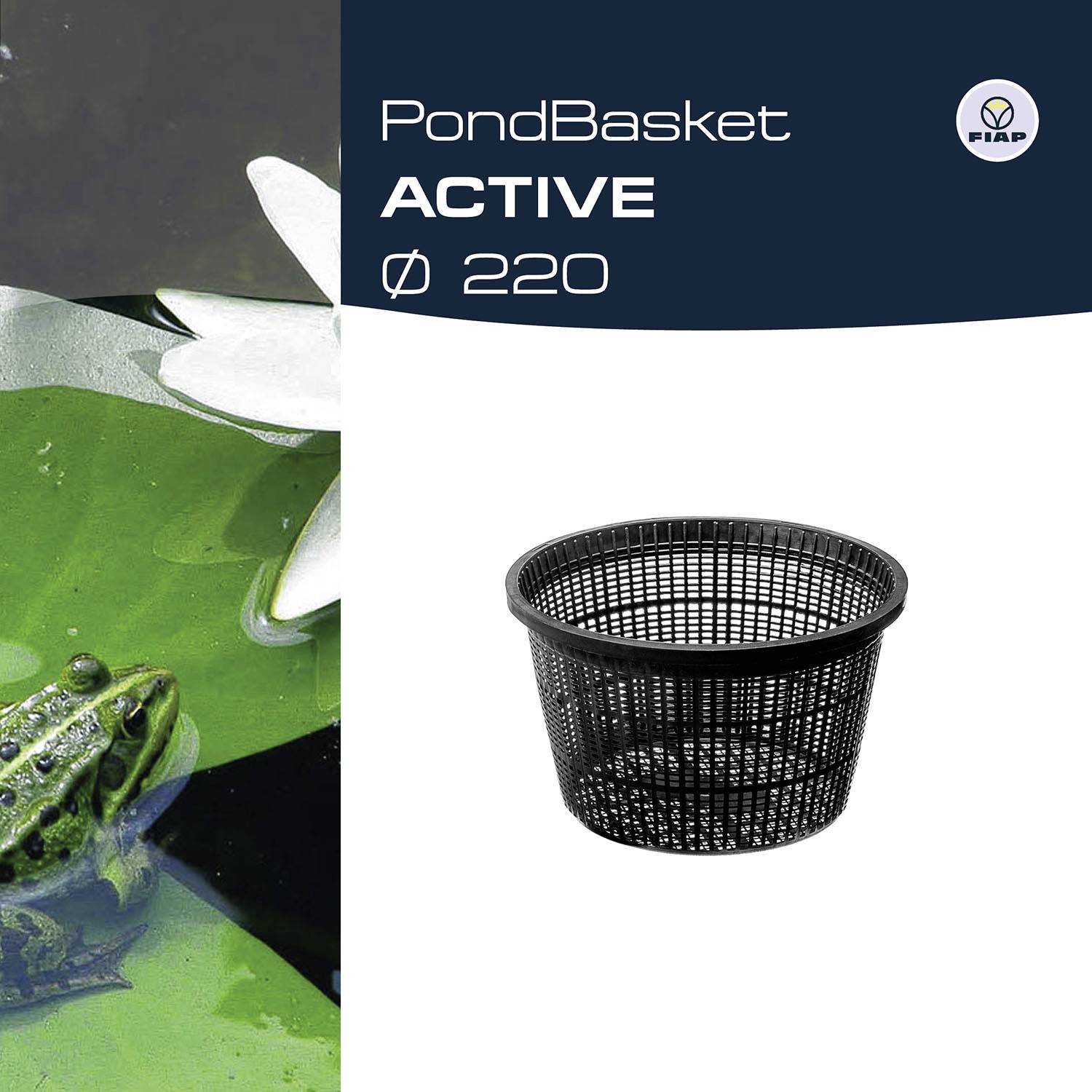 'PondBasket Ø 220' and image of a black basket in front of a pond with green water and a frog. Logo in the top right corner.