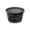 A black, round plastic basket with open mesh sides, suitable for use in the home or garden.